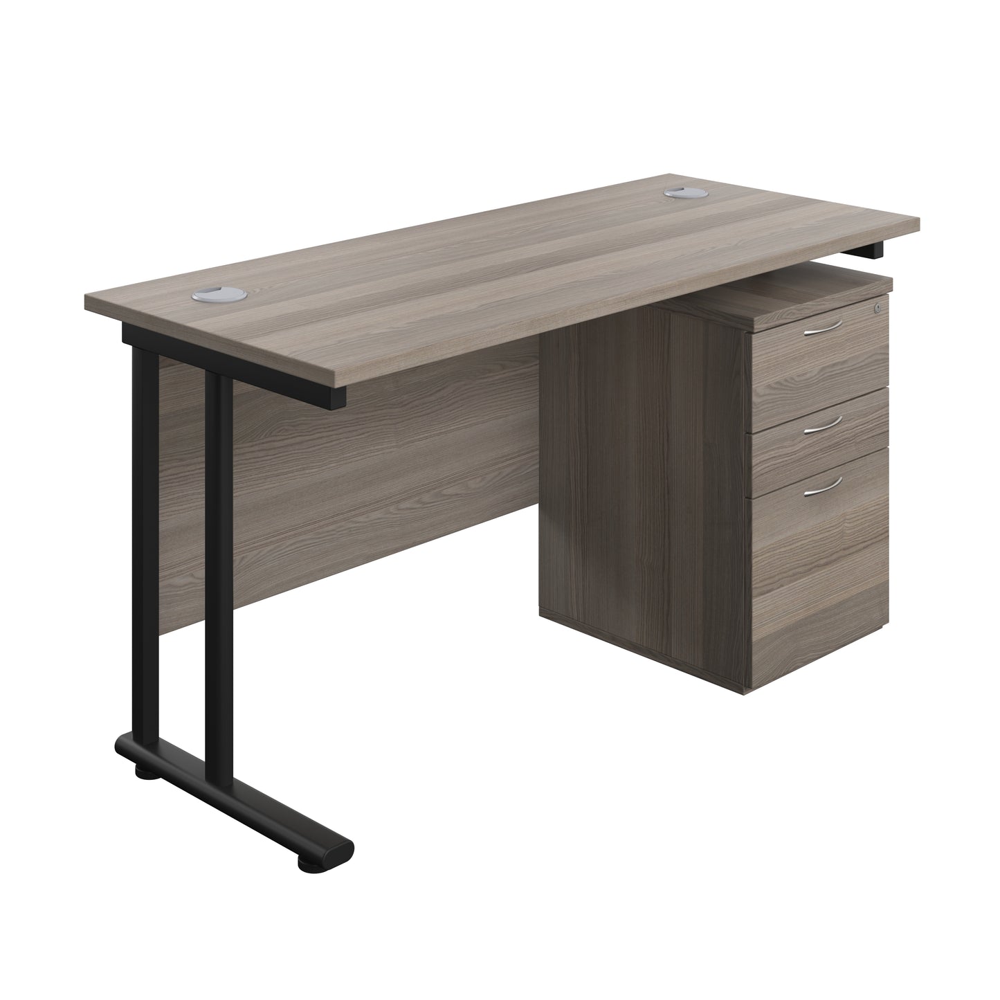 Aztec|Twin Upright|Rectangular Desk and High Mobile Pedestal 3 Drawer|1400x600|Grey Oak-Black