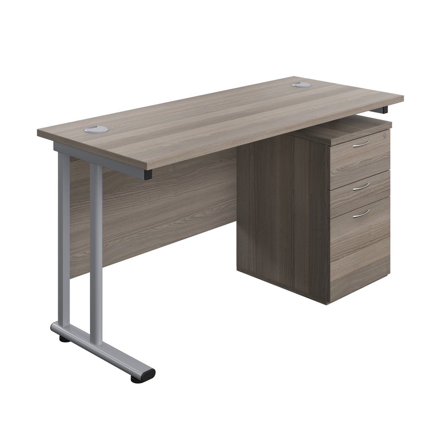 Aztec|Twin Upright|Rectangular Desk and High Mobile Pedestal 3 Drawer|1400x600|Grey Oak-Silver