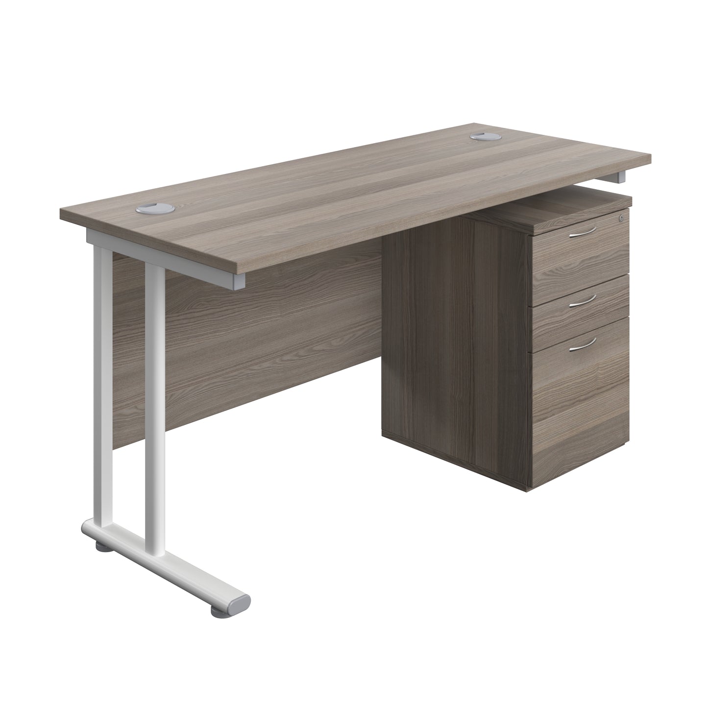 Aztec|Twin Upright|Rectangular Desk and High Mobile Pedestal 3 Drawer|1400x600|Grey Oak-White