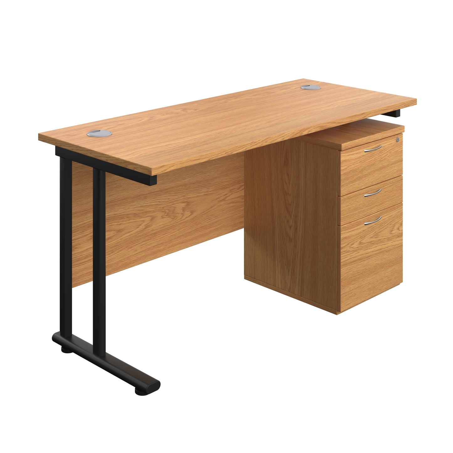 Aztec|Twin Upright|Rectangular Desk and High Mobile Pedestal 3 Drawer|1400x600|Nova Oak-Black