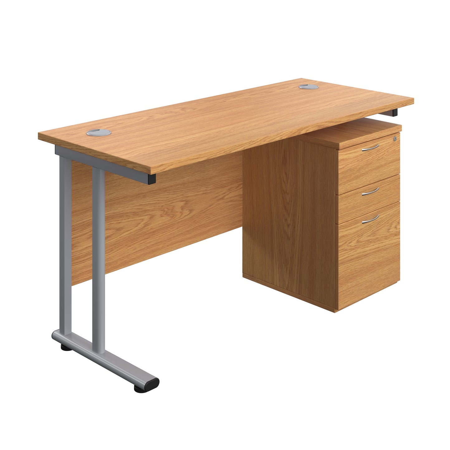 Aztec|Twin Upright|Rectangular Desk and High Mobile Pedestal 3 Drawer|1400x600|Nova Oak-Silver