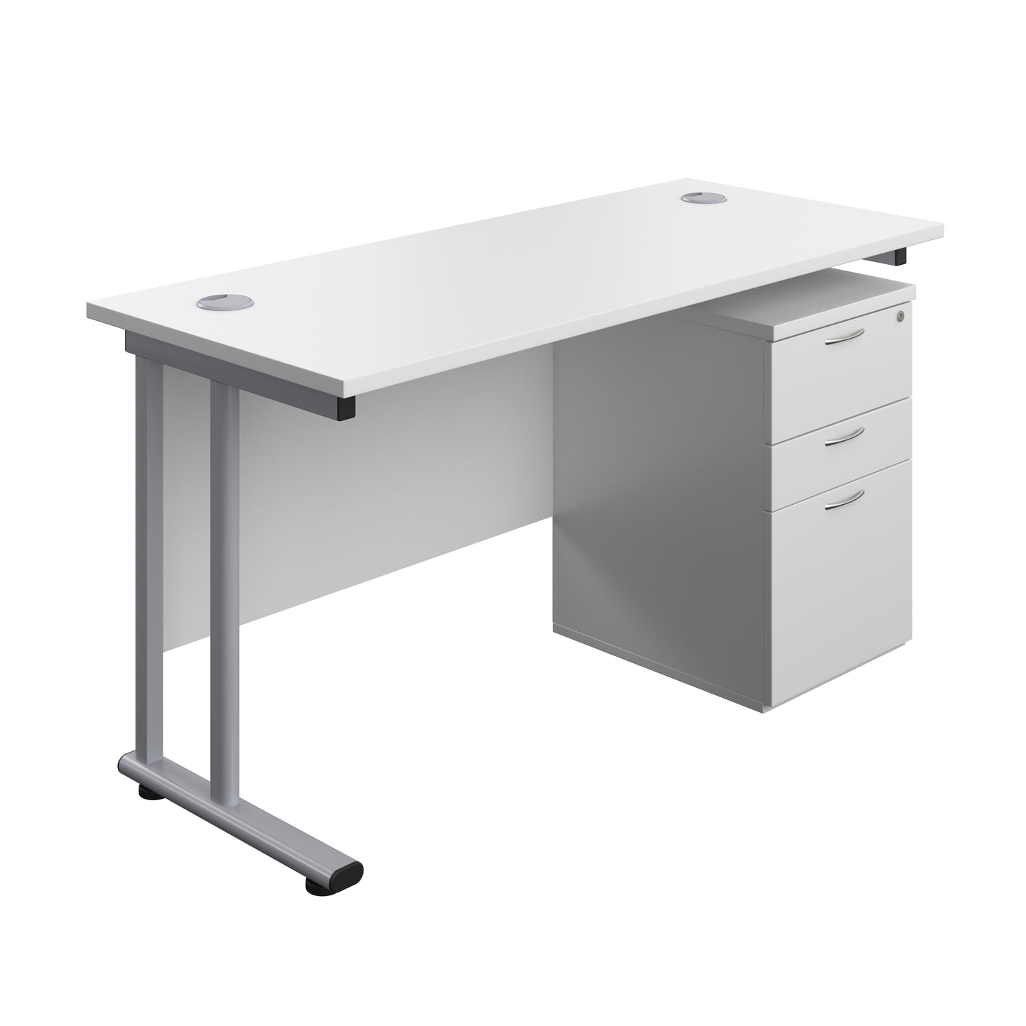 Aztec|Twin Upright|Rectangular Desk and High Mobile Pedestal 3 Drawer|1400x600|White-Silver