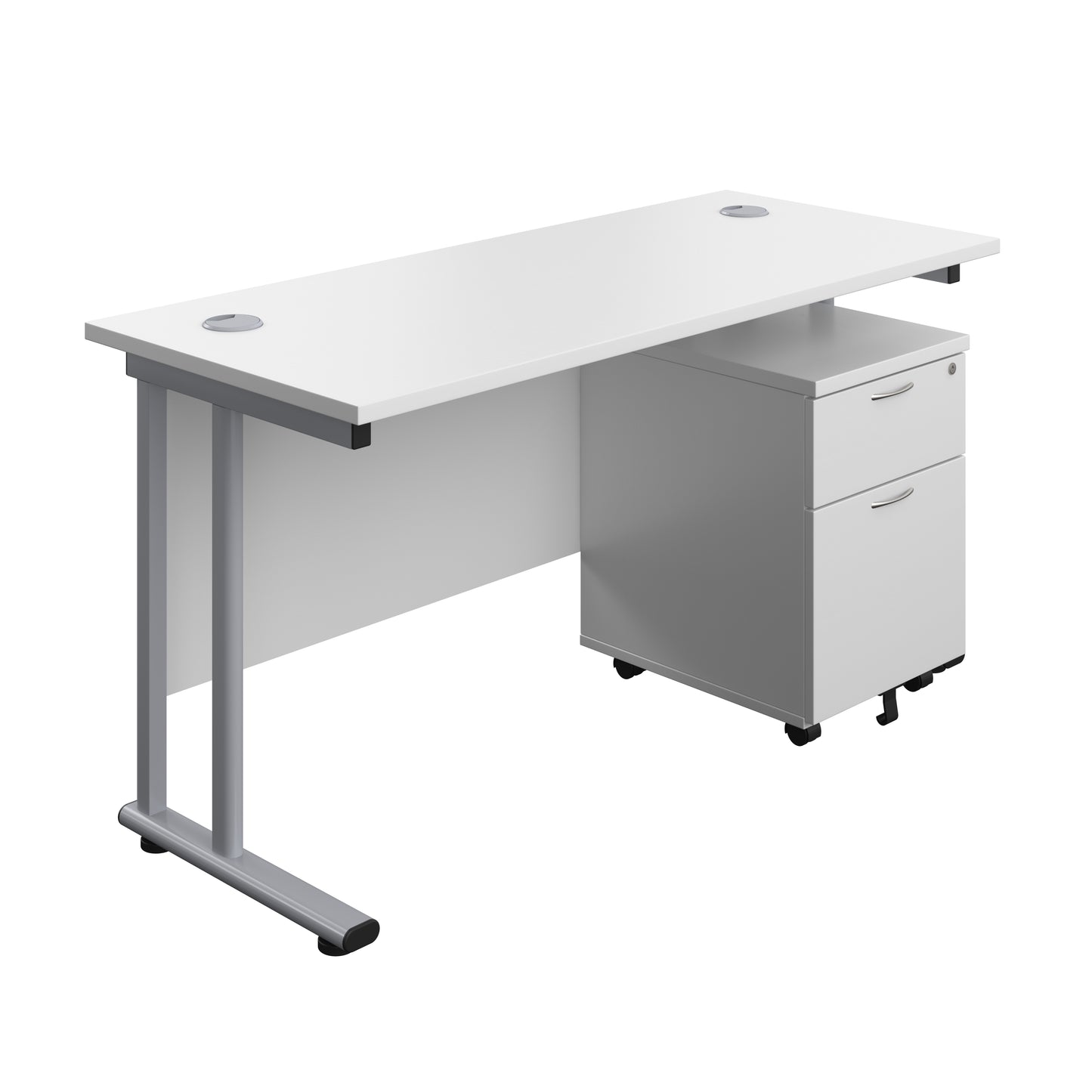 Aztec|Twin Upright|Rectangular Desk and Mobile 2 Drawer Pedestal|1400x600|White-Silver