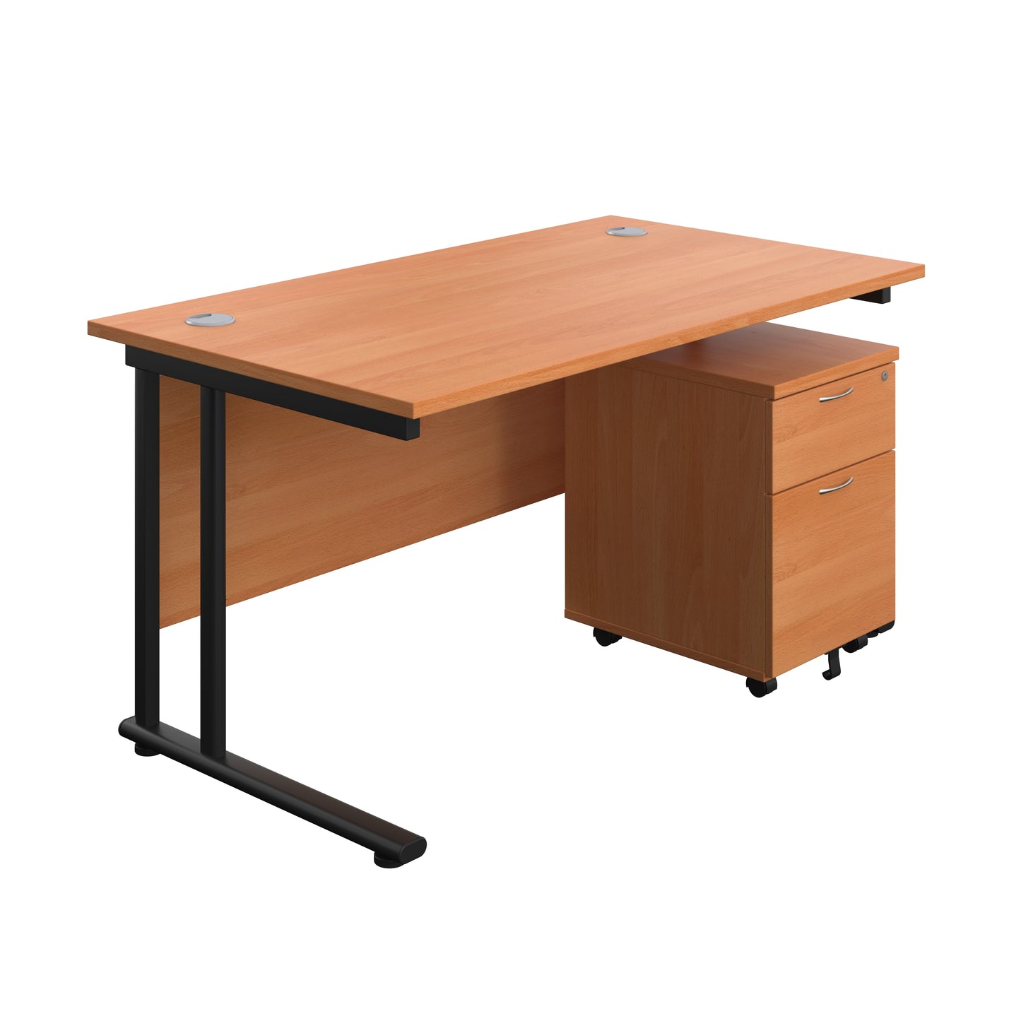 Aztec|Twin Upright|Rectangular Desk and Mobile 2 Drawer Pedestal|1400x800|Beech-Black