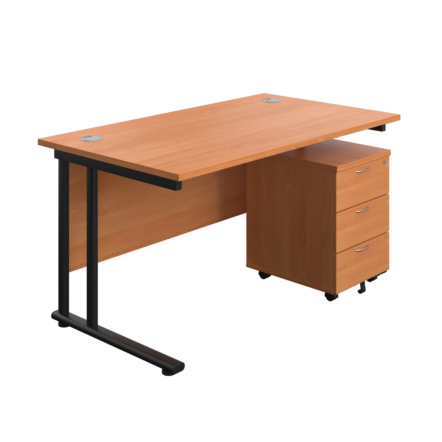 Aztec|Twin Upright|Rectangular Desk and Mobile 3 Drawer Pedestal|1400x800|Beech-Black