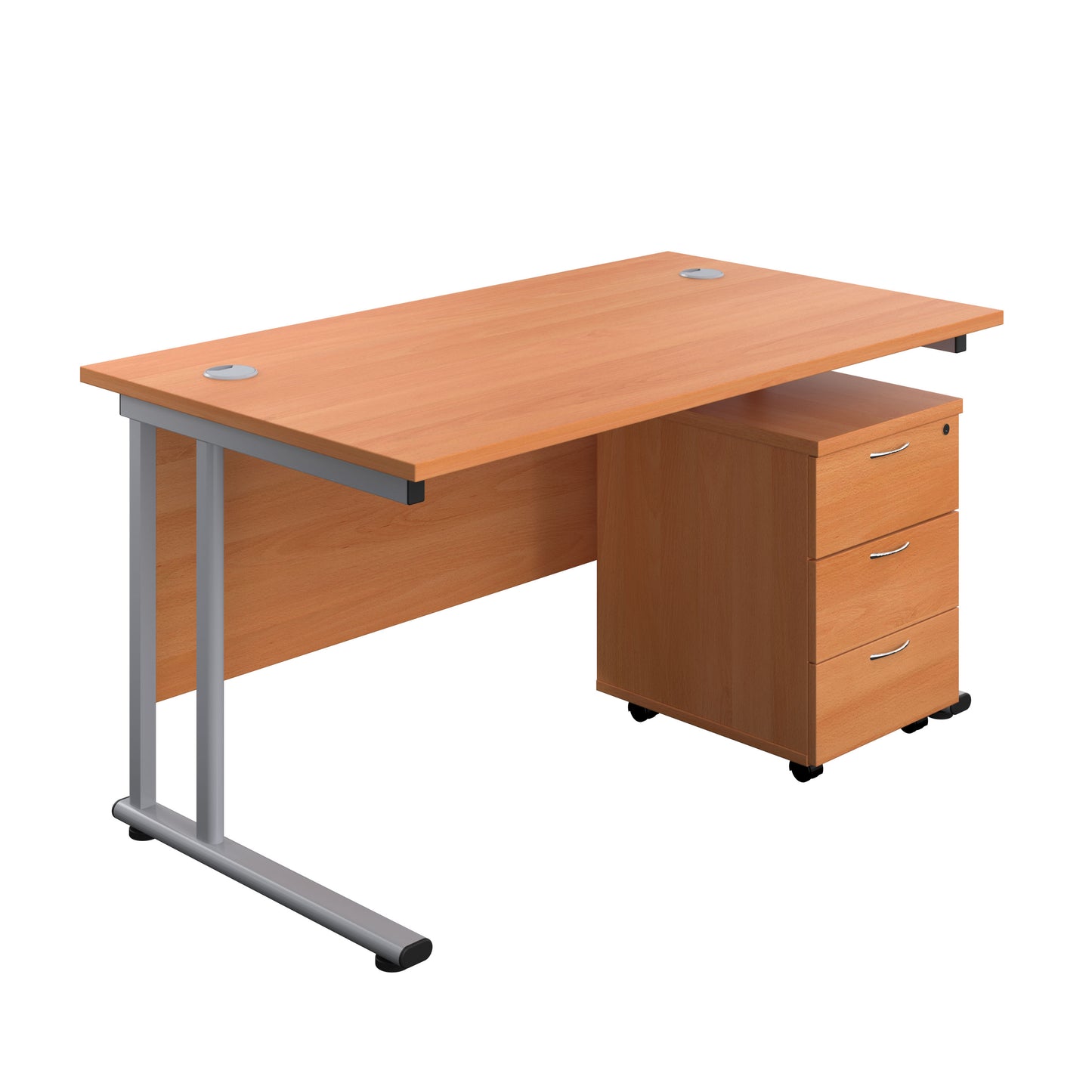 Aztec|Twin Upright|Rectangular Desk and Mobile 3 Drawer Pedestal|1400x800|Beech-Silver