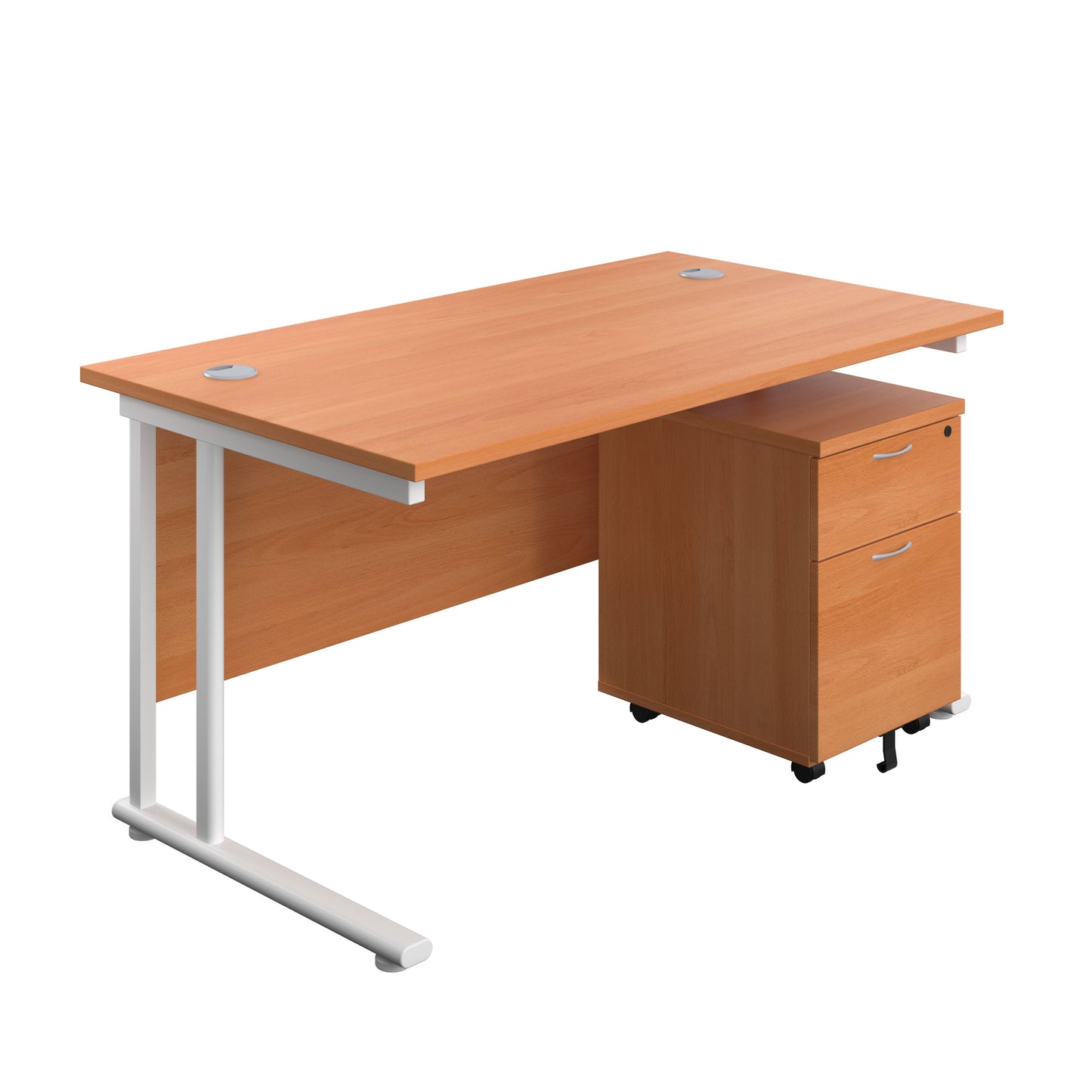 Aztec|Twin Upright|Rectangular Desk and Mobile 2 Drawer Pedestal|1400x800|Beech-White