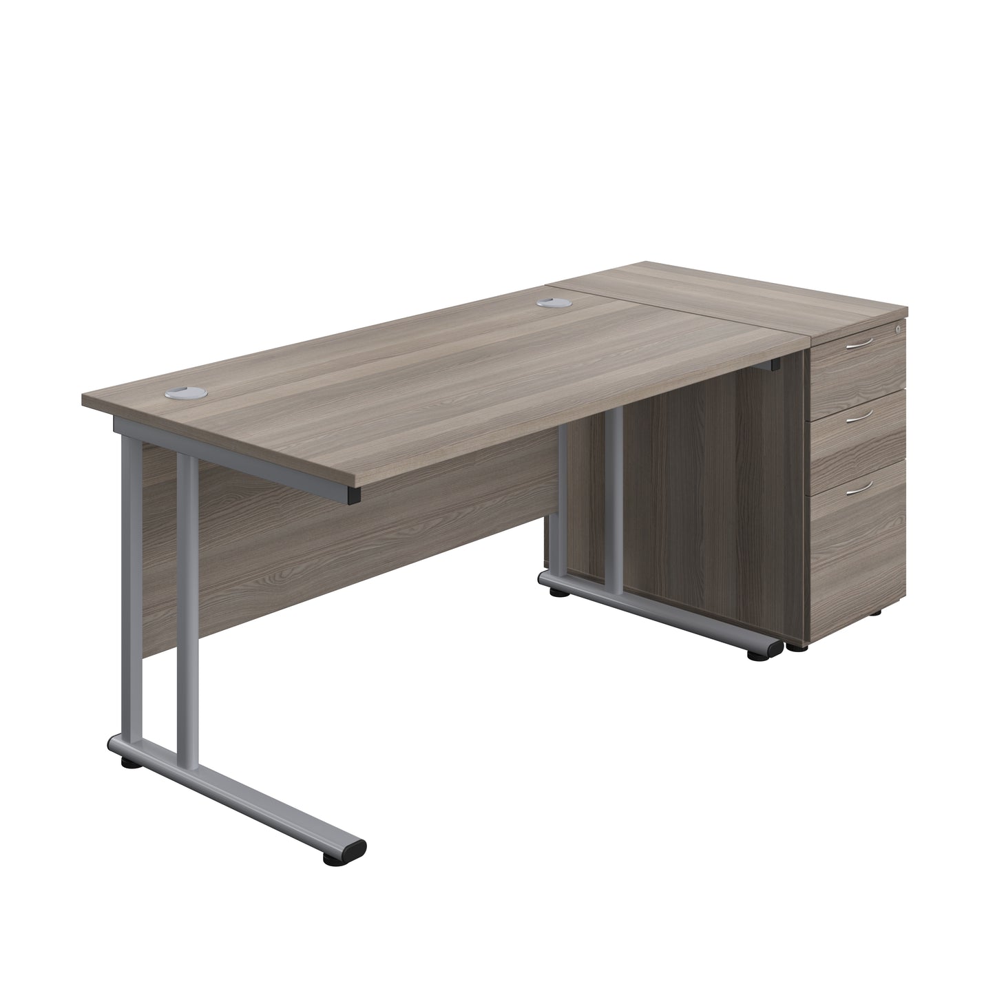 Aztec|Twin Upright|Rectangular Desk and Desk High 3 Drawer Pedestal|1400x800|Grey Oak-Silver