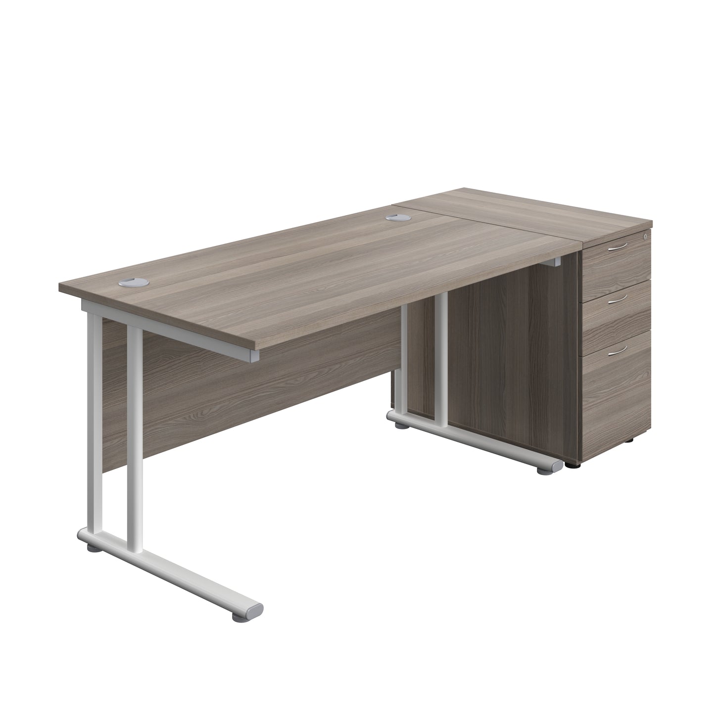 Aztec|Twin Upright|Rectangular Desk and Desk High 3 Drawer Pedestal|1400x800|Grey Oak-White
