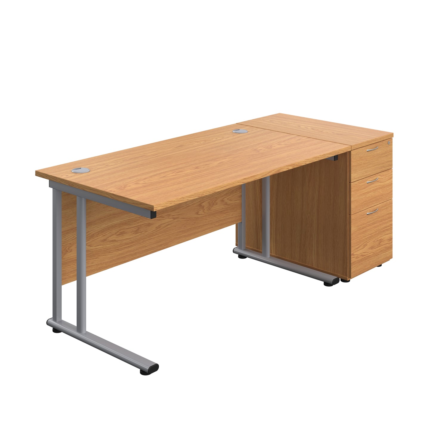 Aztec|Twin Upright|Rectangular Desk and Desk High 3 Drawer Pedestal|1400x800|Nova Oak-Silver