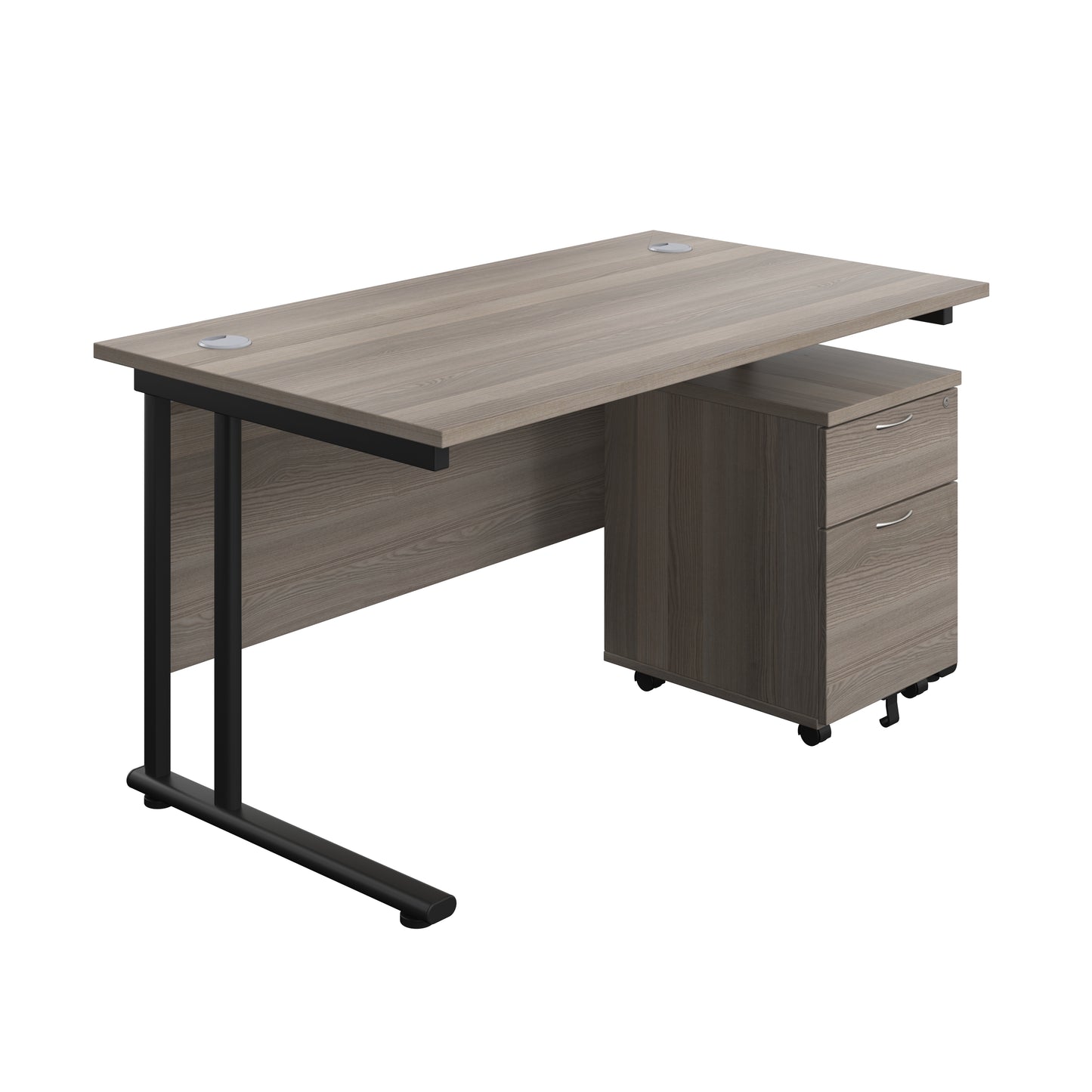 Aztec|Twin Upright|Rectangular Desk and Mobile 2 Drawer Pedestal|1400x800|Grey Oak-Black