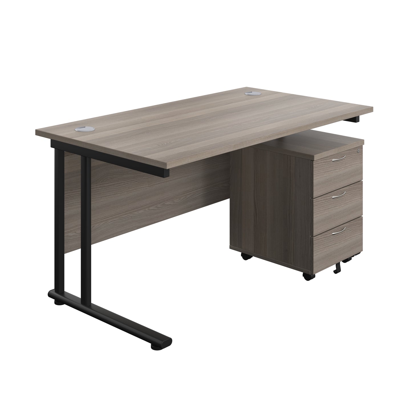 Aztec|Twin Upright|Rectangular Desk and Mobile 3 Drawer Pedestal|1400x800|Grey Oak-Black