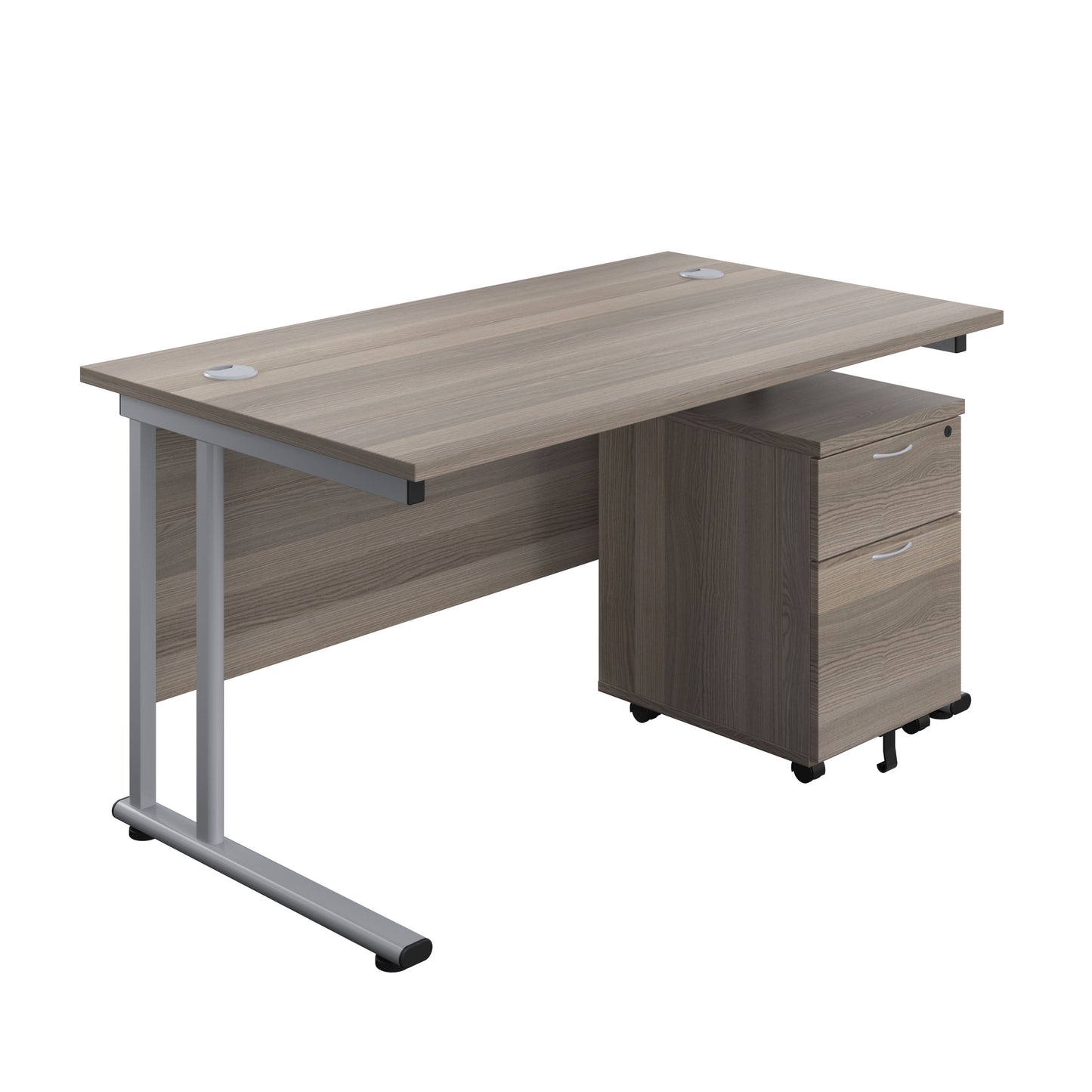 Aztec|Twin Upright|Rectangular Desk and Mobile 2 Drawer Pedestal|1400x800|Grey Oak-Silver