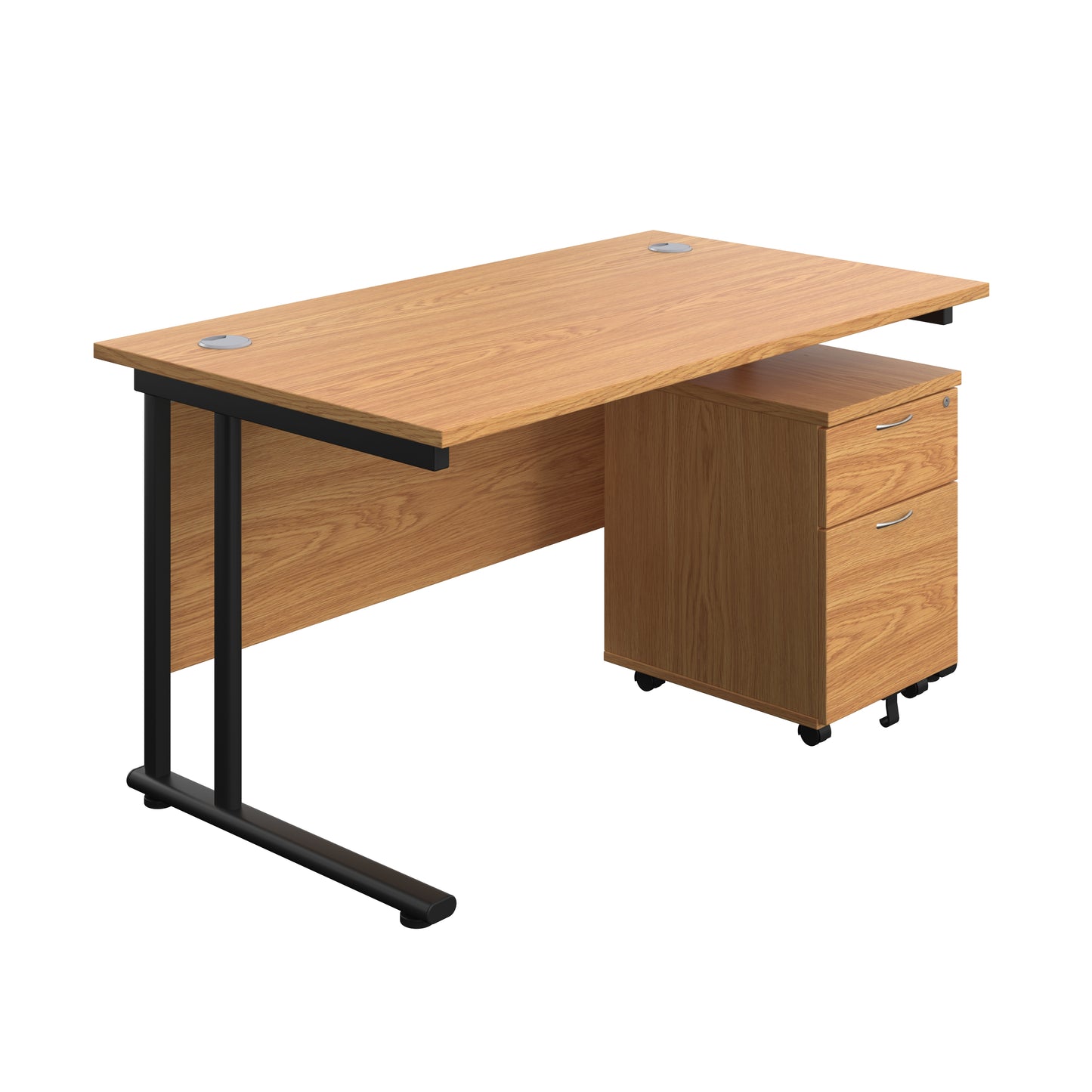 Aztec|Twin Upright|Rectangular Desk and Mobile 2 Drawer Pedestal|1400x800|Nova Oak-Black