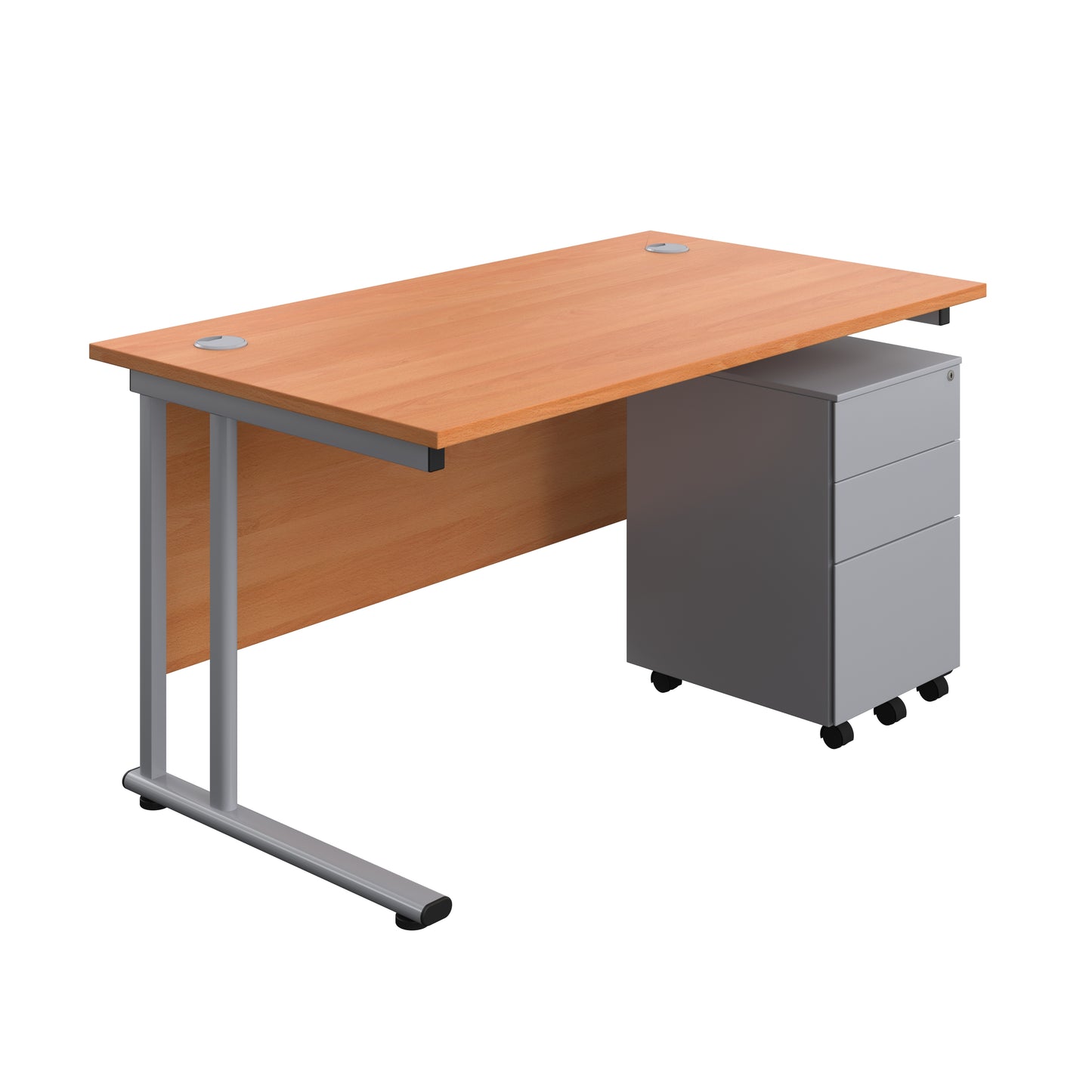 Aztec|Twin Upright|Rectangular Desk and Under Desk Steel Pedestal 3 Drawer|1400x800|Beech-Silver