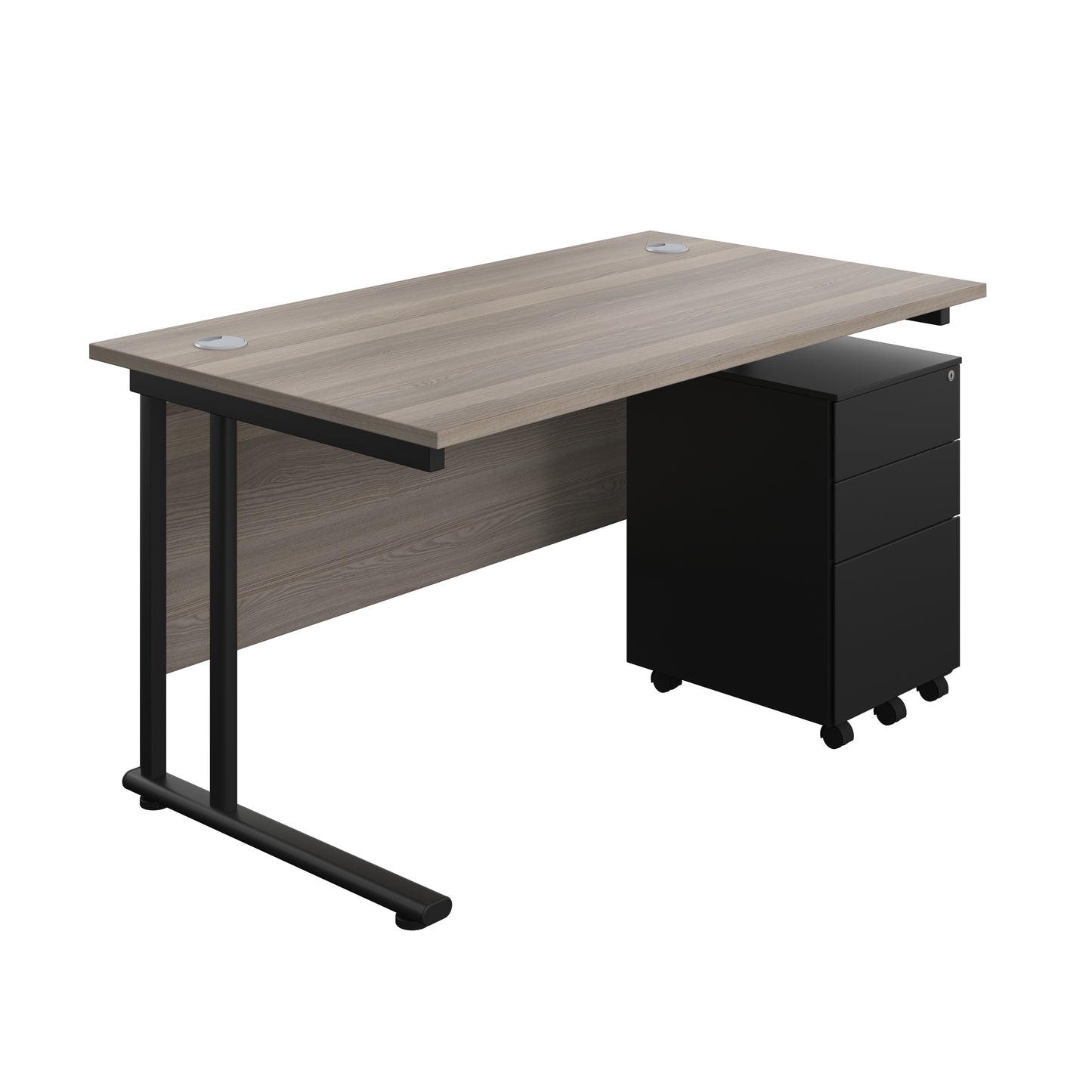 Aztec|Twin Upright|Rectangular Desk and Under Desk Steel Pedestal 3 Drawer|1400x800|Grey Oak-Black