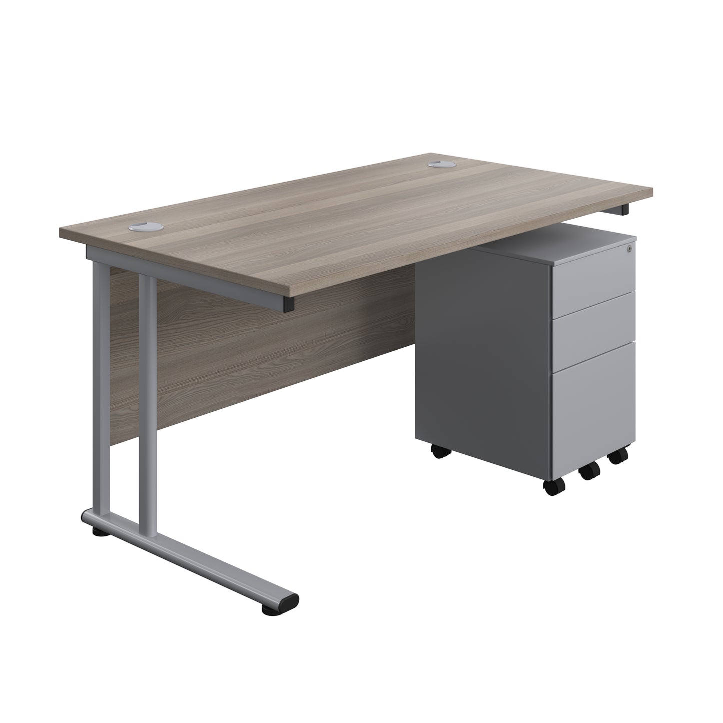 Aztec|Twin Upright|Rectangular Desk and Under Desk Steel Pedestal 3 Drawer|1400x800|Grey Oak-Silver