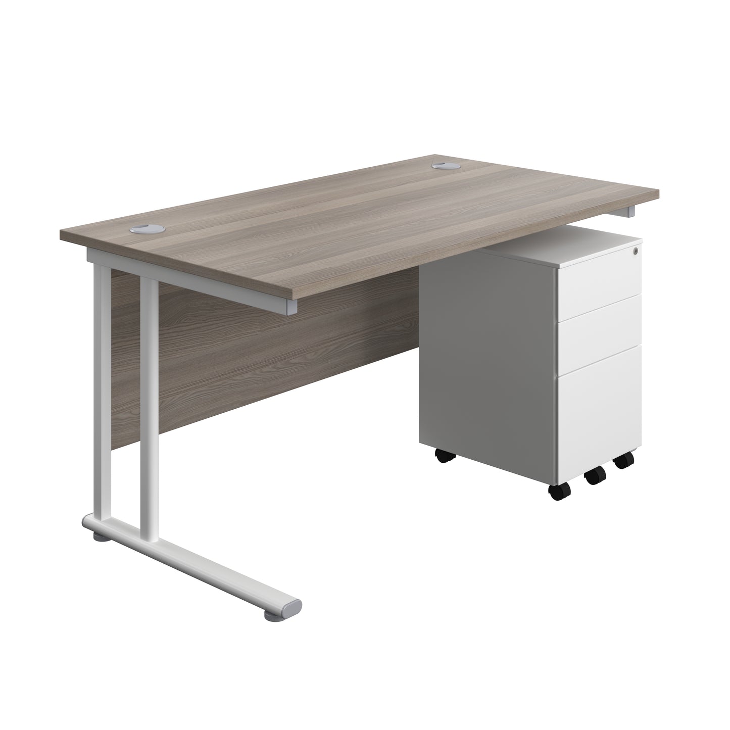 Aztec|Twin Upright|Rectangular Desk and Under Desk Steel Pedestal 3 Drawer|1400x800|Grey Oak-White