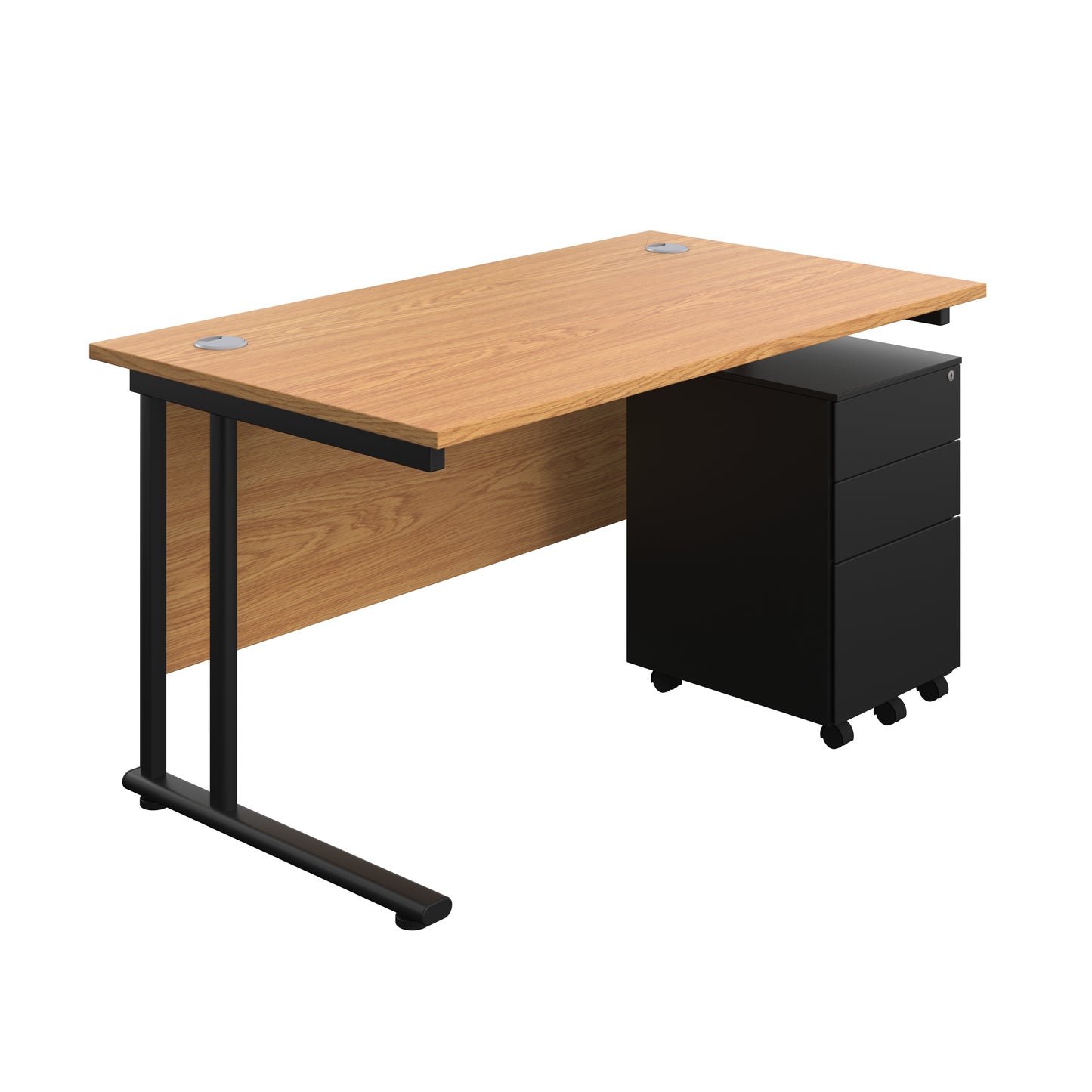 Aztec|Twin Upright|Rectangular Desk and Under Desk Steel Pedestal 3 Drawer|1400x800|Nova Oak-Black
