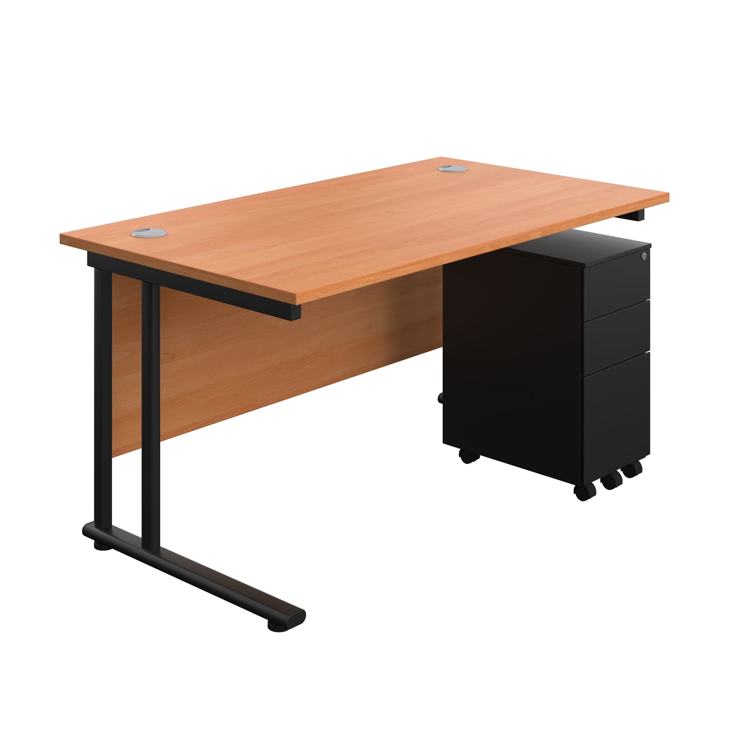 Aztec|Twin Upright|Rectangular Desk and Slimline Steel Pedestal 3 Drawer|1400x800|Beech-Black