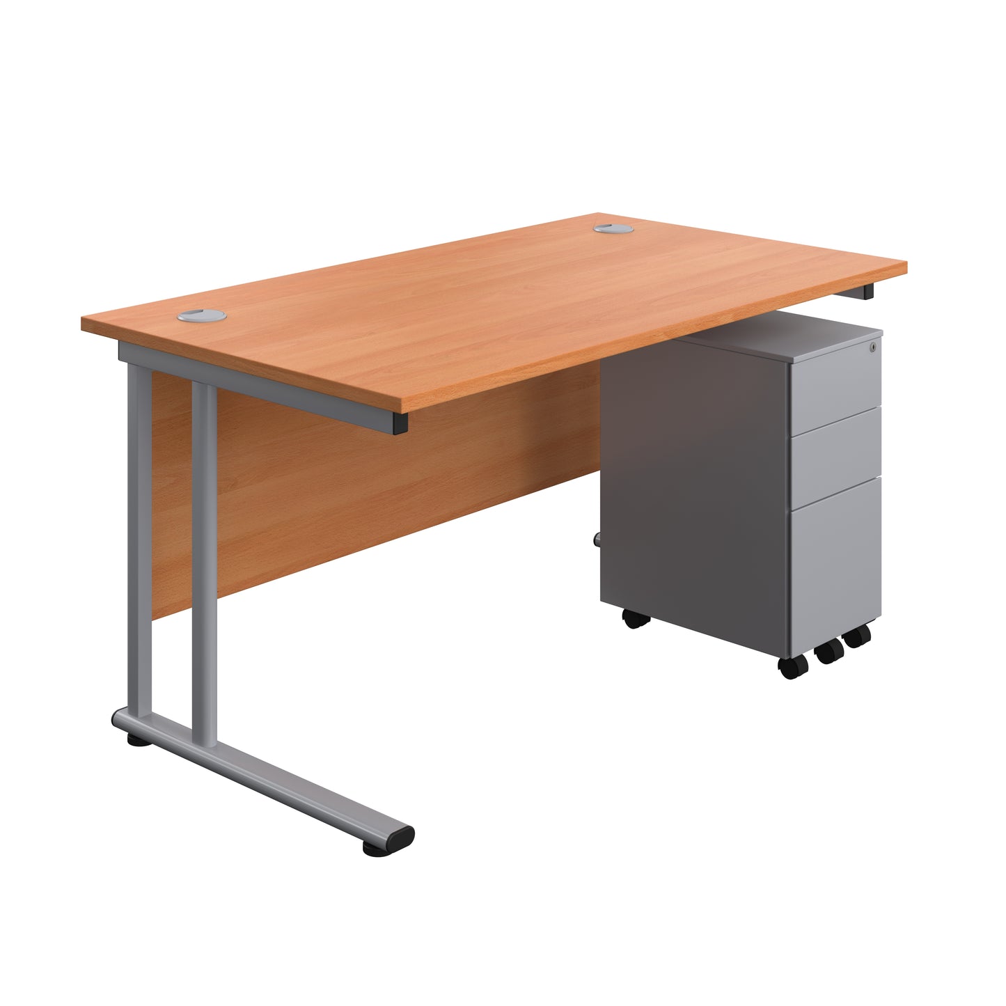 Aztec|Twin Upright|Rectangular Desk and Slimline Steel Pedestal 3 Drawer|1400x800|Beech-Silver