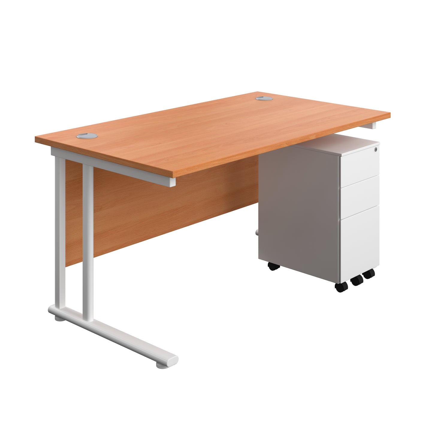 Aztec|Twin Upright|Rectangular Desk and Slimline Steel Pedestal 3 Drawer|1400x800|Beech-White