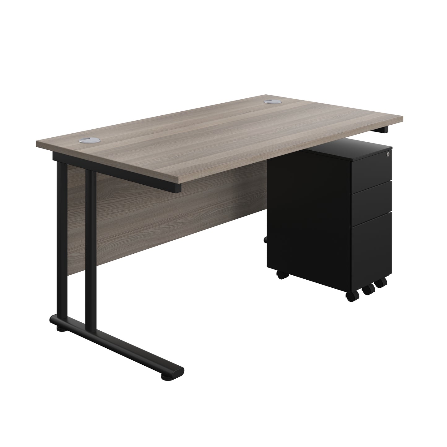 Aztec|Twin Upright|Rectangular Desk and Slimline Steel Pedestal 3 Drawer|1400x800|Grey Oak-Black