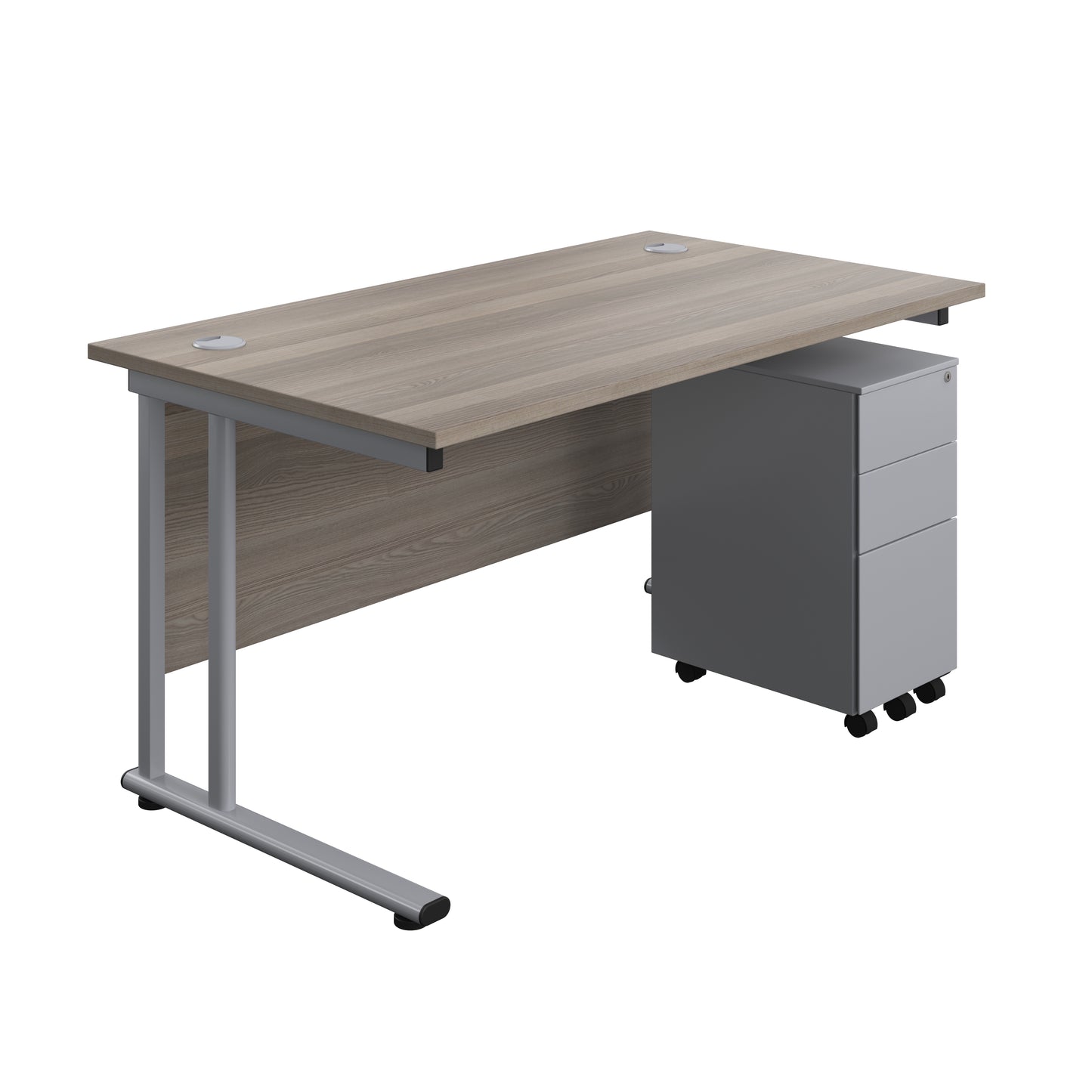 Aztec|Twin Upright|Rectangular Desk and Slimline Steel Pedestal 3 Drawer|1400x800|Grey Oak-Silver