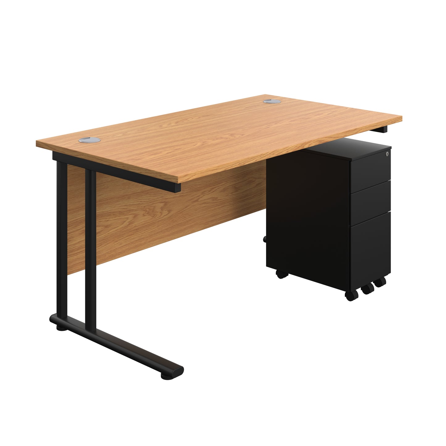 Aztec|Twin Upright|Rectangular Desk and Slimline Steel Pedestal 3 Drawer|1400x800|Nova Oak-Black