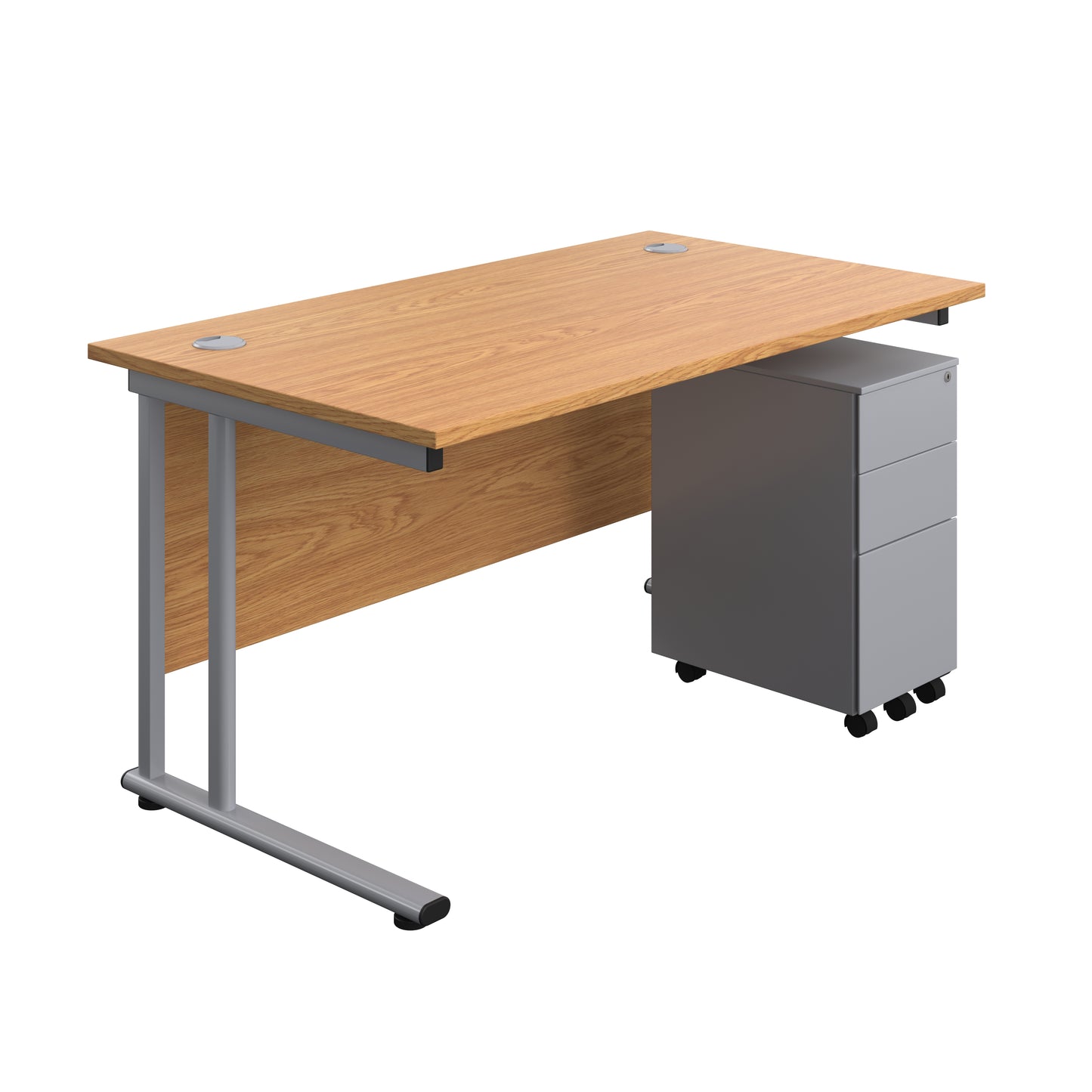 Aztec|Twin Upright|Rectangular Desk and Slimline Steel Pedestal 3 Drawer|1400x800|Nova Oak-Silver