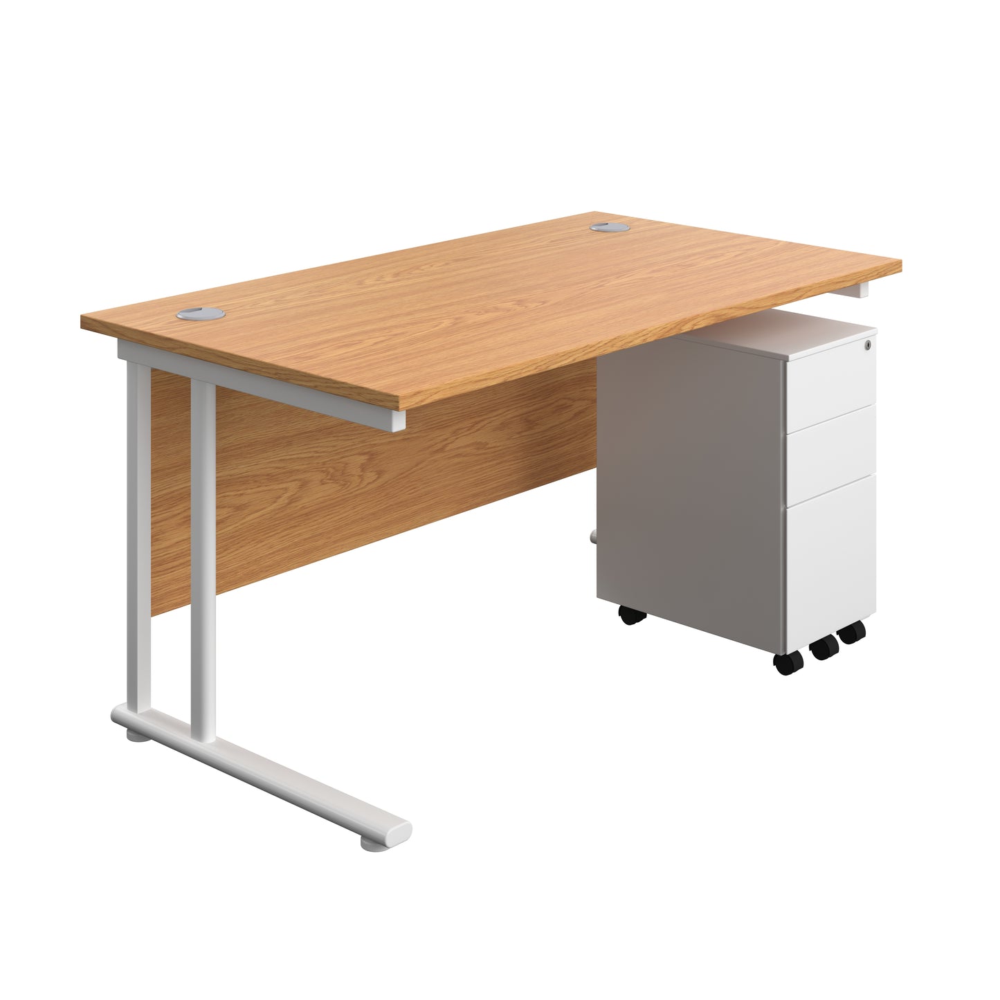 Aztec|Twin Upright|Rectangular Desk and Slimline Steel Pedestal 3 Drawer|1400x800|Nova Oak-White