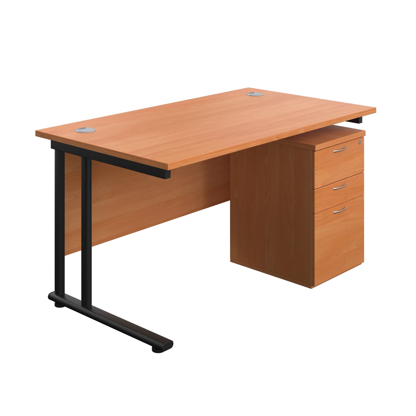 Aztec|Twin Upright|Rectangular Desk and High Mobile Pedestal 3 Drawer|1400x800|Beech-Black