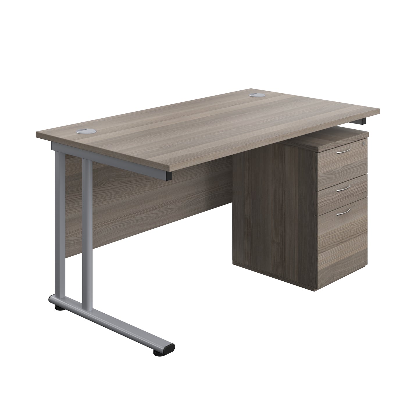 Aztec|Twin Upright|Rectangular Desk and High Mobile Pedestal 3 Drawer|1400x800|Grey Oak-Silver