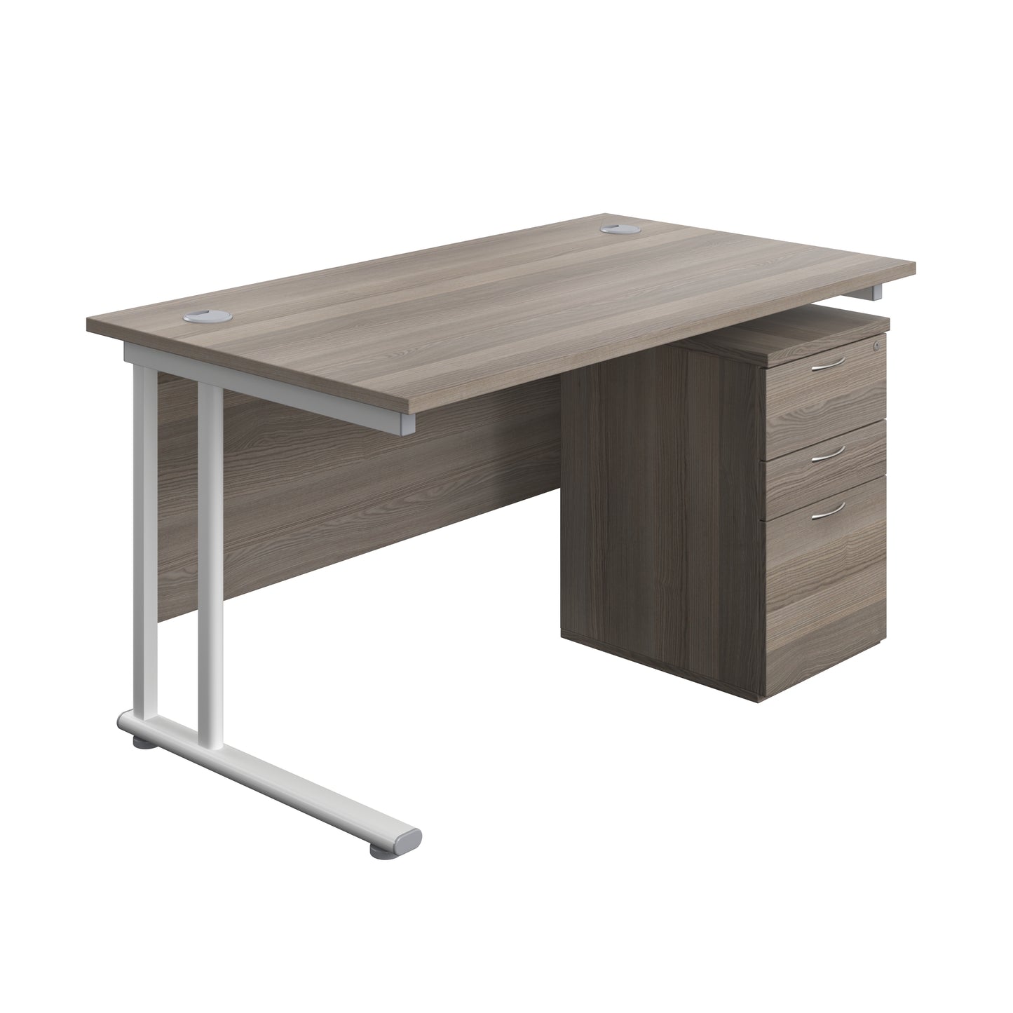 Aztec|Twin Upright|Rectangular Desk and High Mobile Pedestal 3 Drawer|1400x800|Grey Oak-White