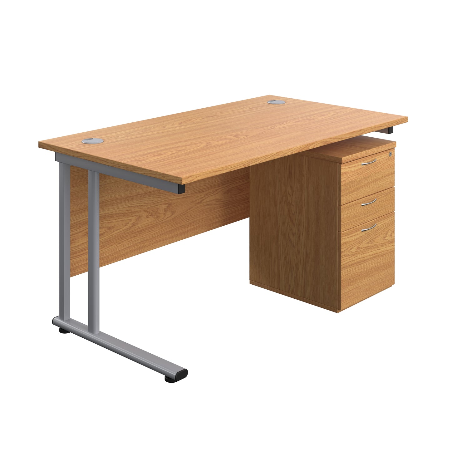 Aztec|Twin Upright|Rectangular Desk and High Mobile Pedestal 3 Drawer|1400x800|Nova Oak-Silver