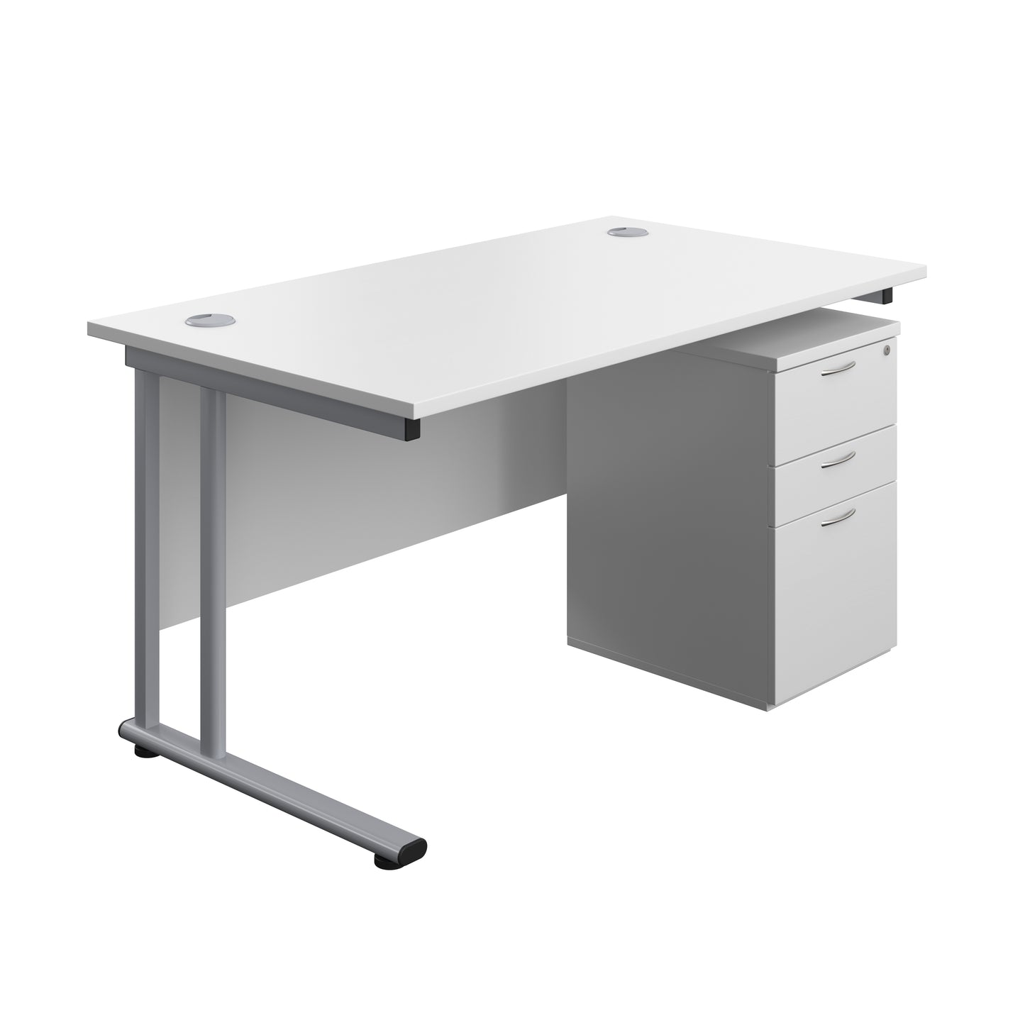 Aztec|Twin Upright|Rectangular Desk and High Mobile Pedestal 3 Drawer|1400x800|White-Silver