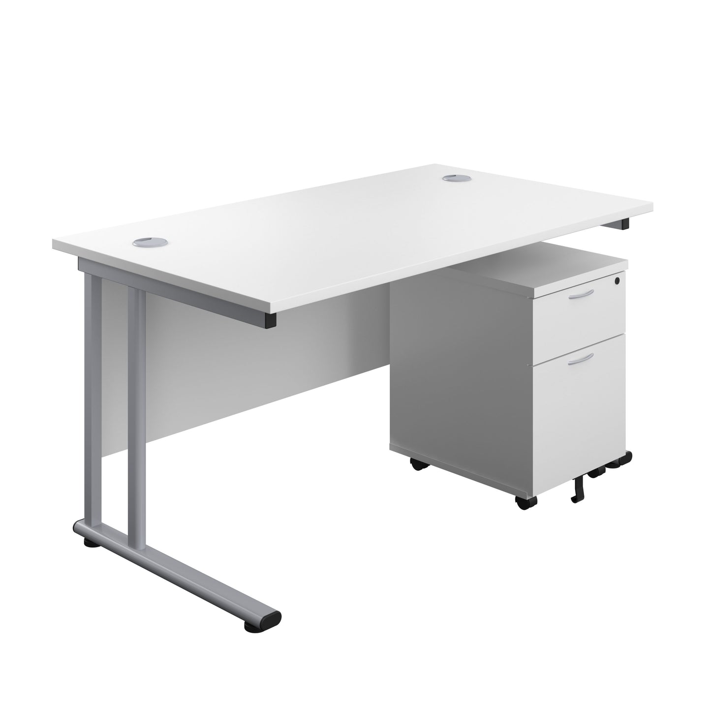 Aztec|Twin Upright|Rectangular Desk and Mobile 2 Drawer Pedestal|1400x800|White-Silver
