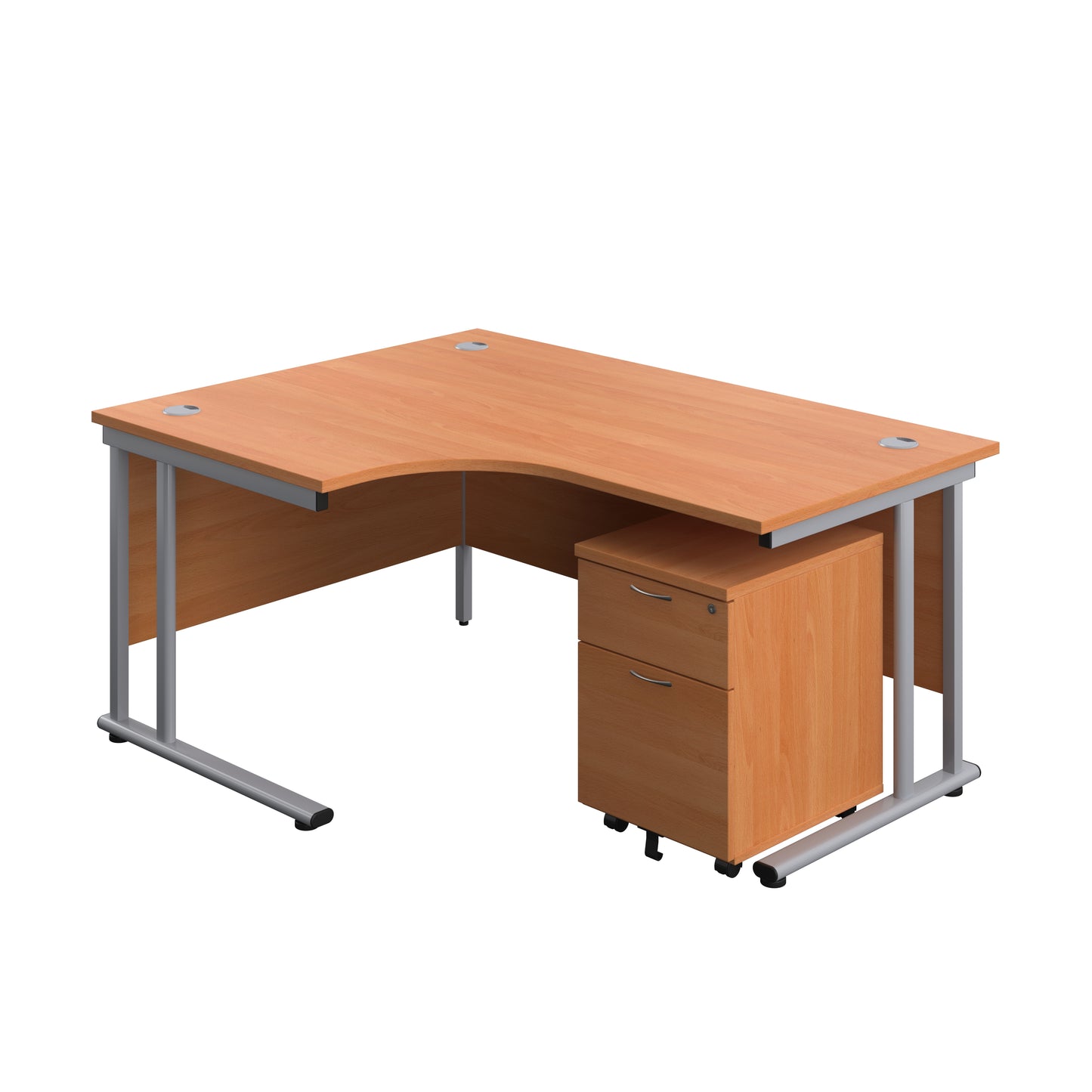 Aztec|Twin Upright|Left Hand Radial Desk and Mobile 2 Drawer Pedestal|1600x1200|Beech-Silver