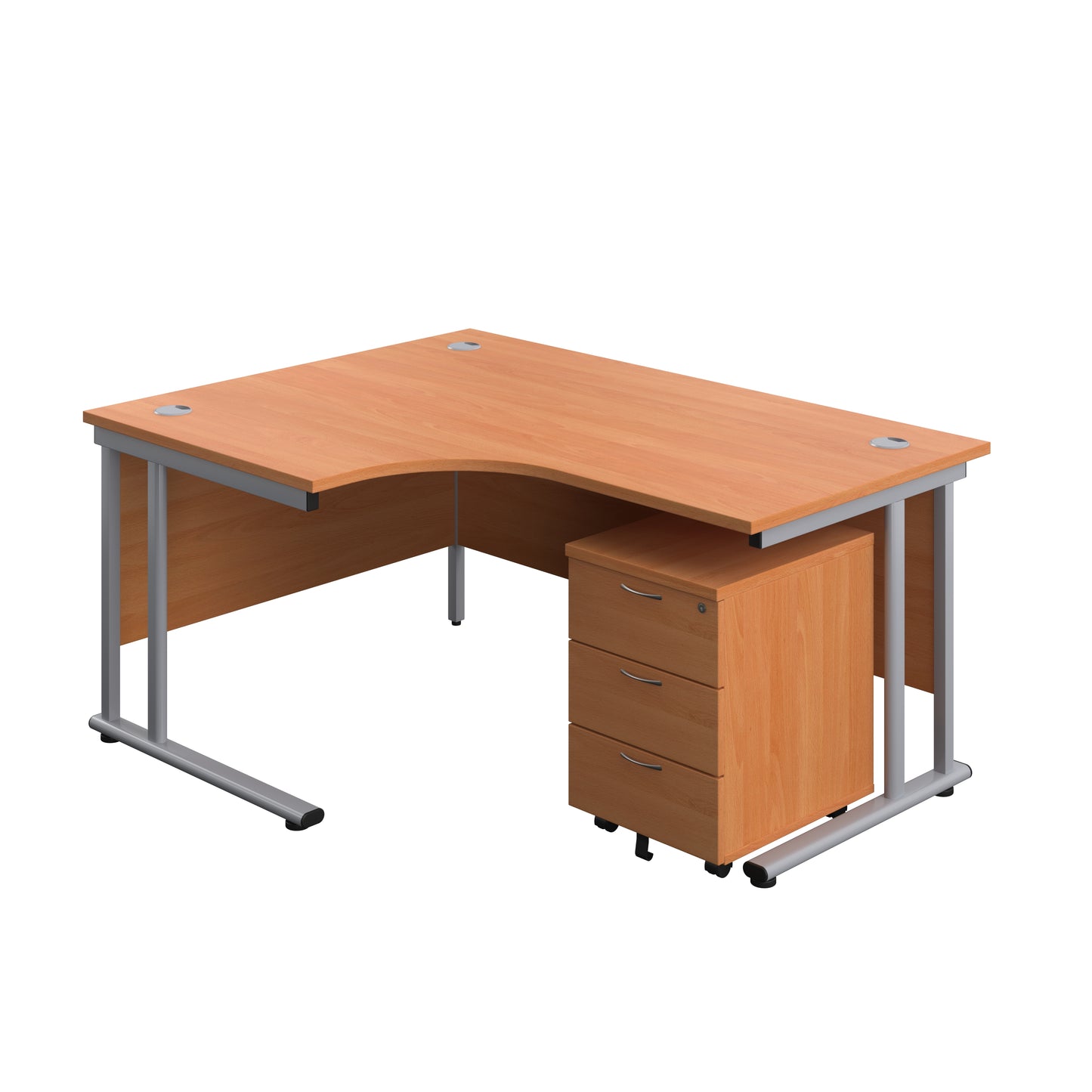 Aztec|Twin Upright|Left Hand Radial Desk and Mobile 3 Drawer Pedestal|1600x1200|Beech-Silver