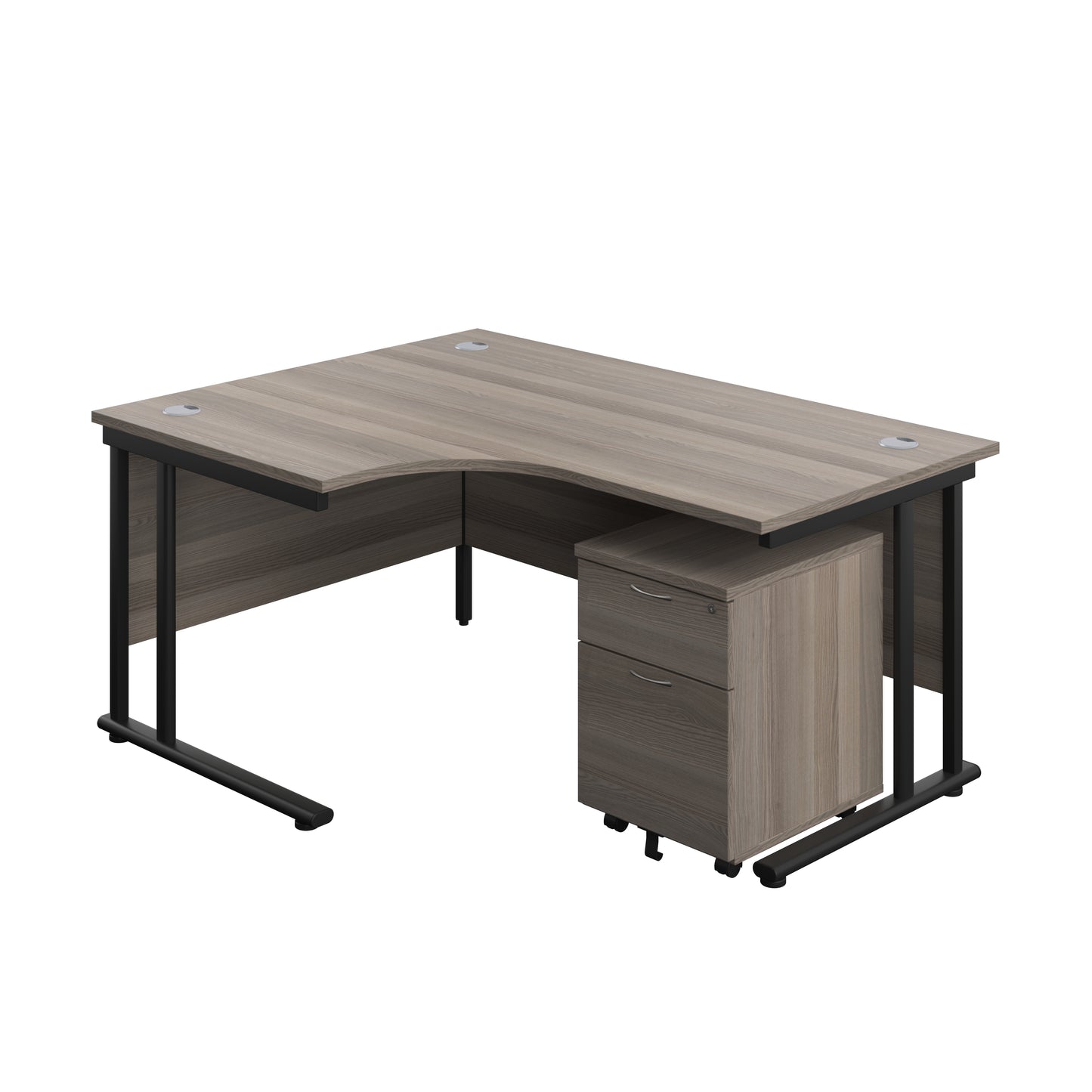 Aztec|Twin Upright|Left Hand Radial Desk and Mobile 2 Drawer Pedestal|1600x1200|Grey Oak-Black