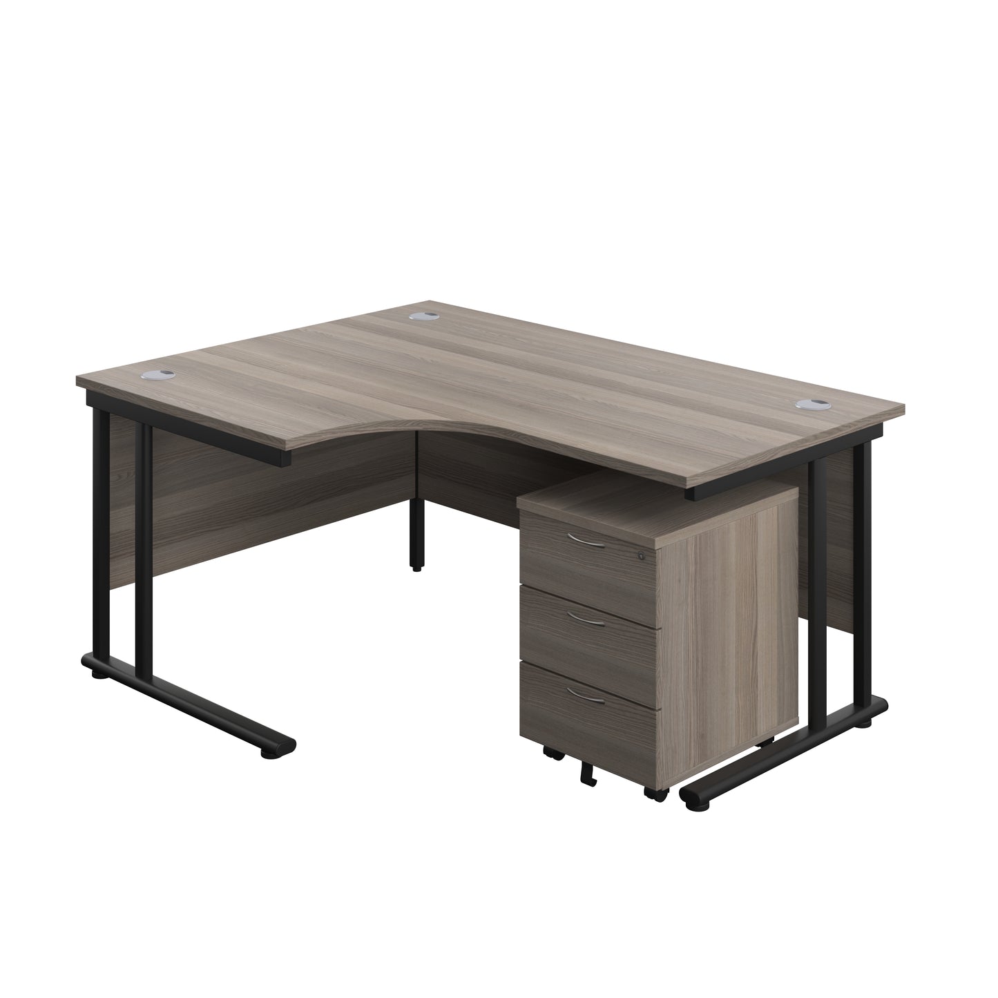 Aztec|Twin Upright|Left Hand Radial Desk and Mobile 3 Drawer Pedestal|1600x1200|Grey Oak-Black