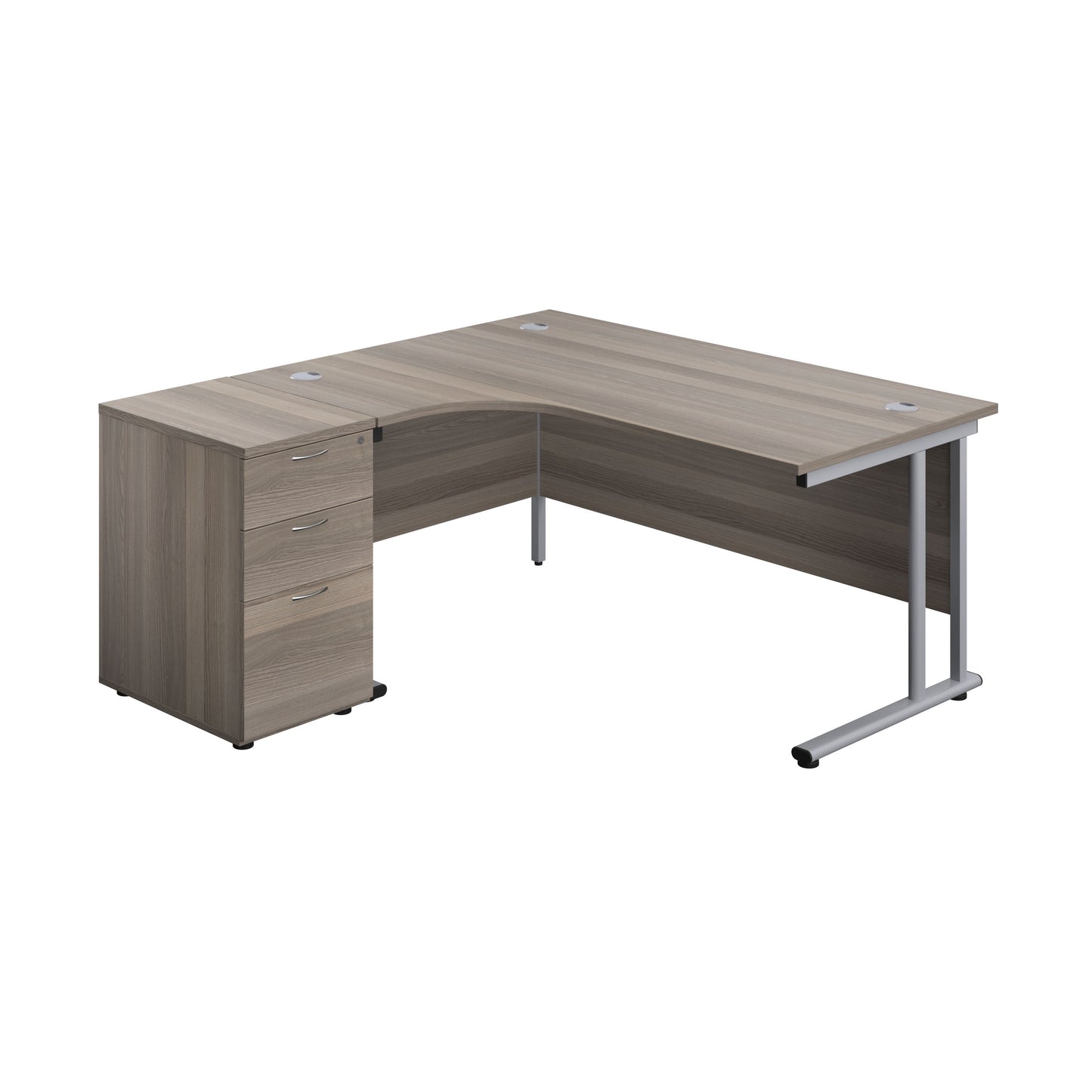 Aztec|Twin Upright|Left Hand Radial Desk and Desk High 3 Drawer Pedestal (FSC)|1600x1200|600mm Deep Pedestal|Grey Oak-Silver