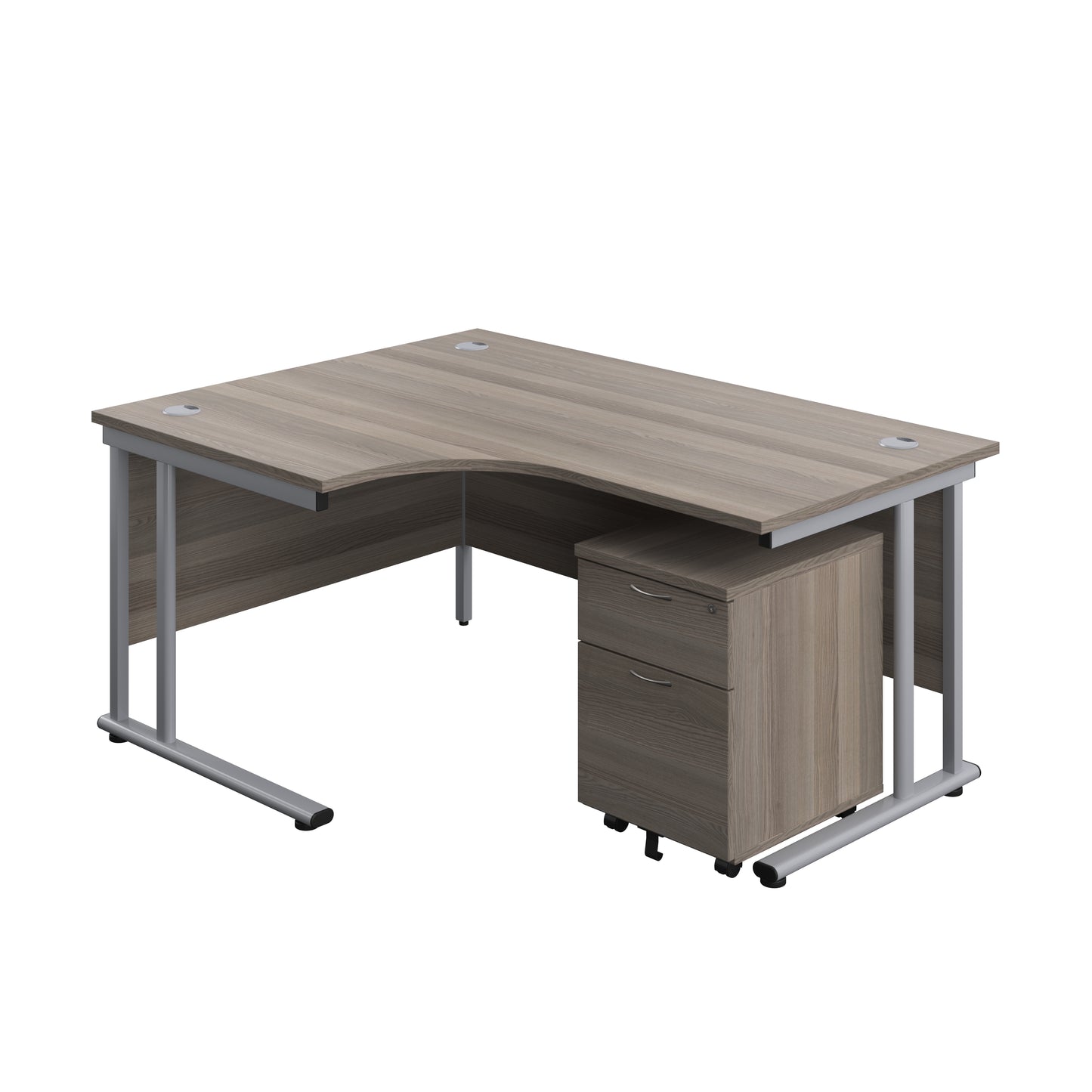 Aztec|Twin Upright|Left Hand Radial Desk and Mobile 2 Drawer Pedestal|1600x1200|Grey Oak-Silver