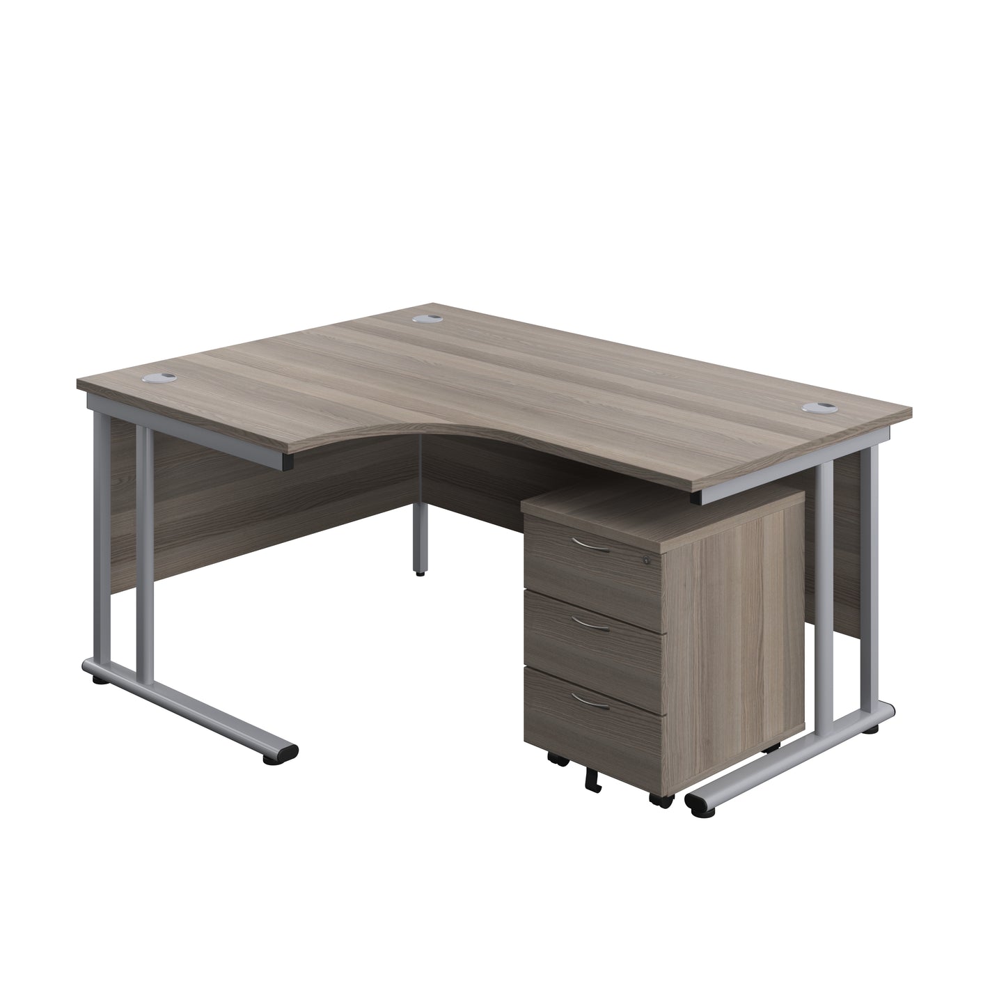 Aztec|Twin Upright|Left Hand Radial Desk and Mobile 3 Drawer Pedestal|1600x1200|Grey Oak-Silver