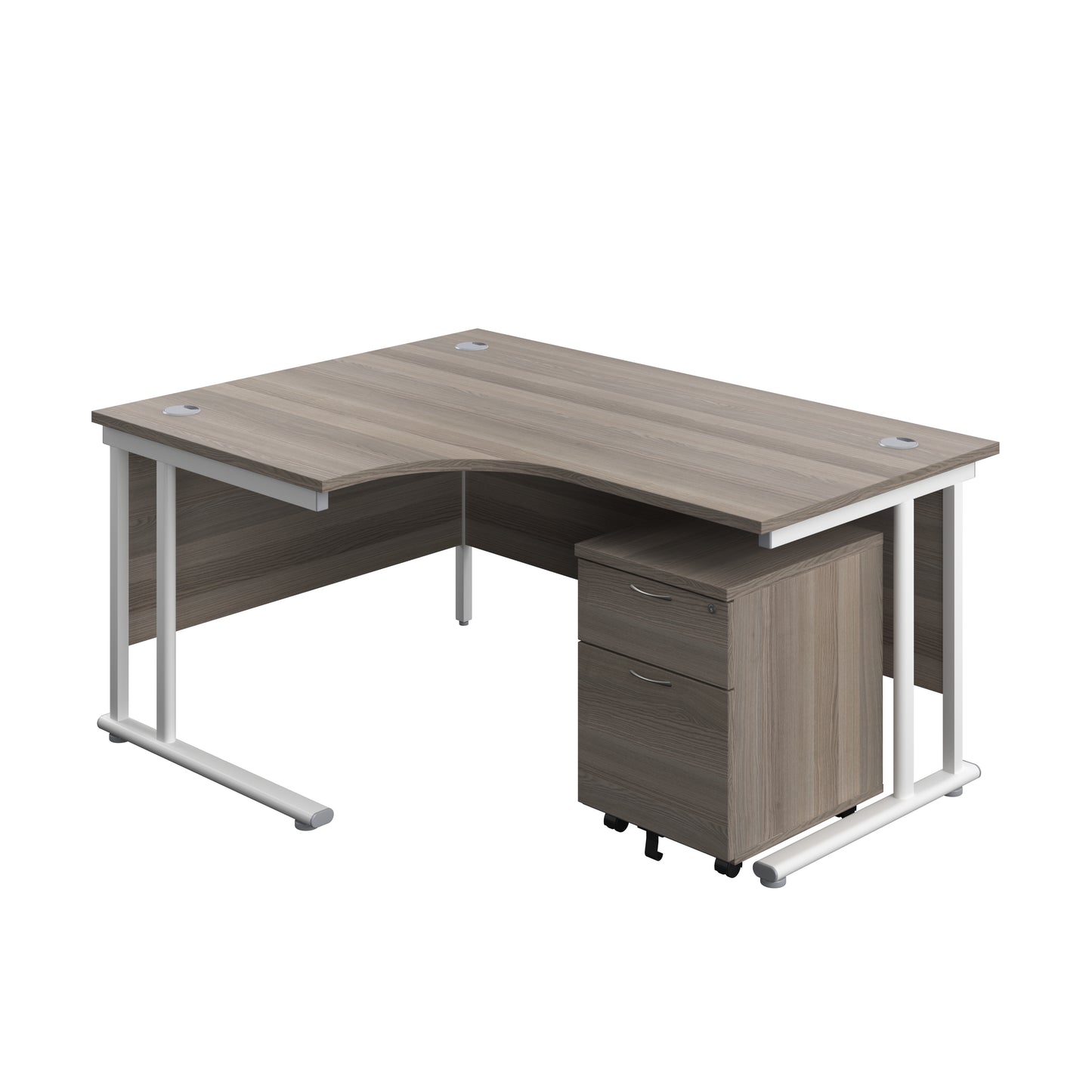 Aztec|Twin Upright|Left Hand Radial Desk and Mobile 2 Drawer Pedestal|1600x1200|Grey Oak-White
