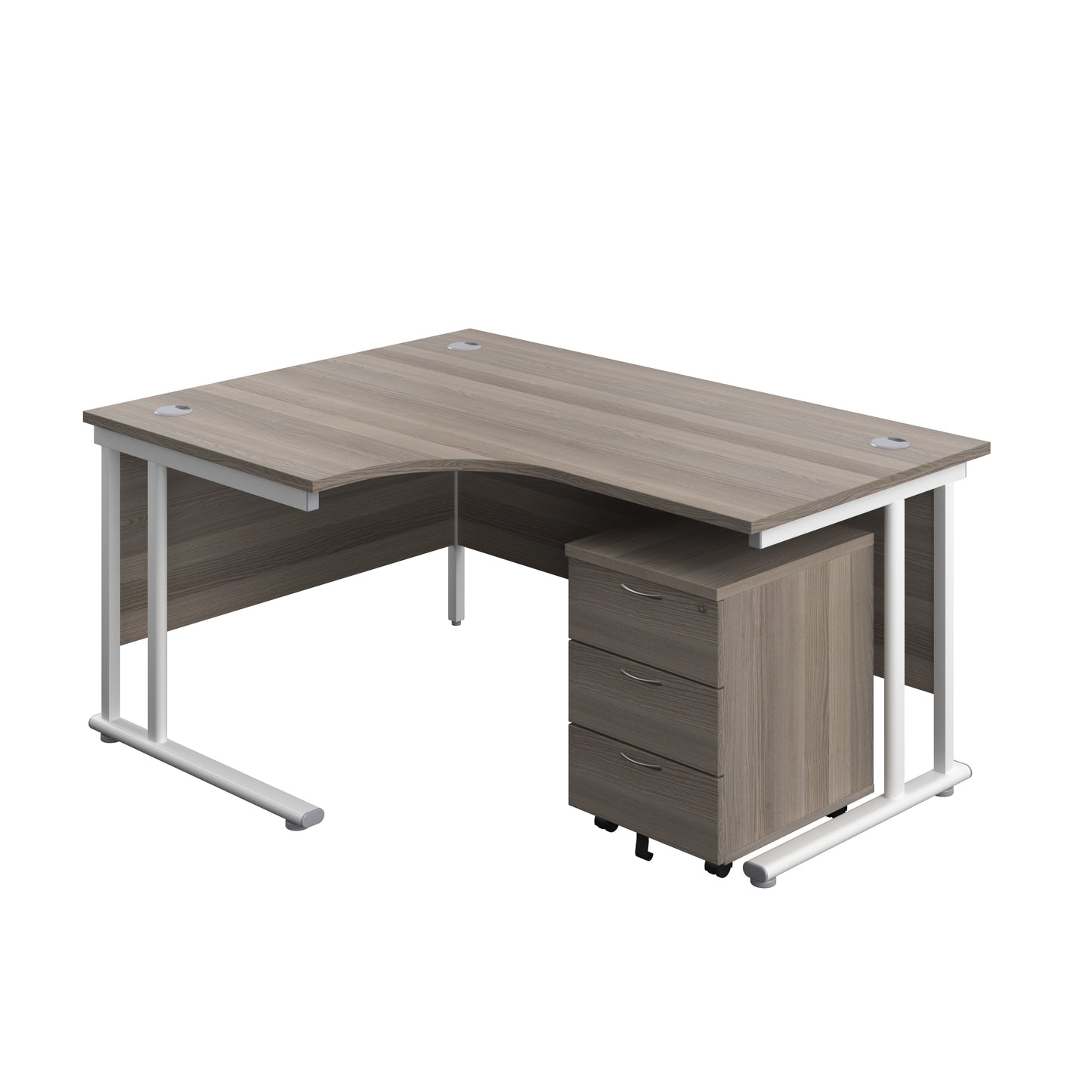 Aztec|Twin Upright|Left Hand Radial Desk and Mobile 3 Drawer Pedestal|1600x1200|Grey Oak-White