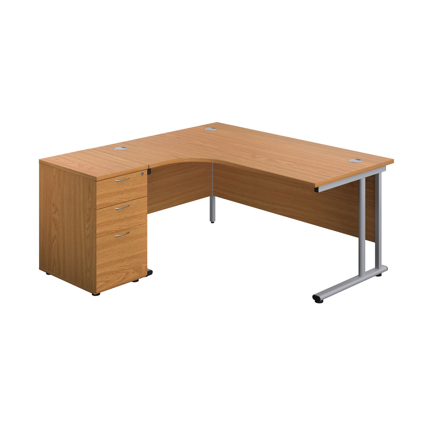 Aztec|Twin Upright|Left Hand Radial Desk and Desk High 3 Drawer Pedestal (FSC)|1600x1200|600mm Deep Pedestal|Nova Oak-Silver