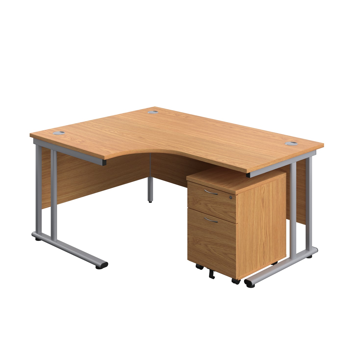 Aztec|Twin Upright|Left Hand Radial Desk and Mobile 2 Drawer Pedestal|1600x1200|Nova Oak-Silver