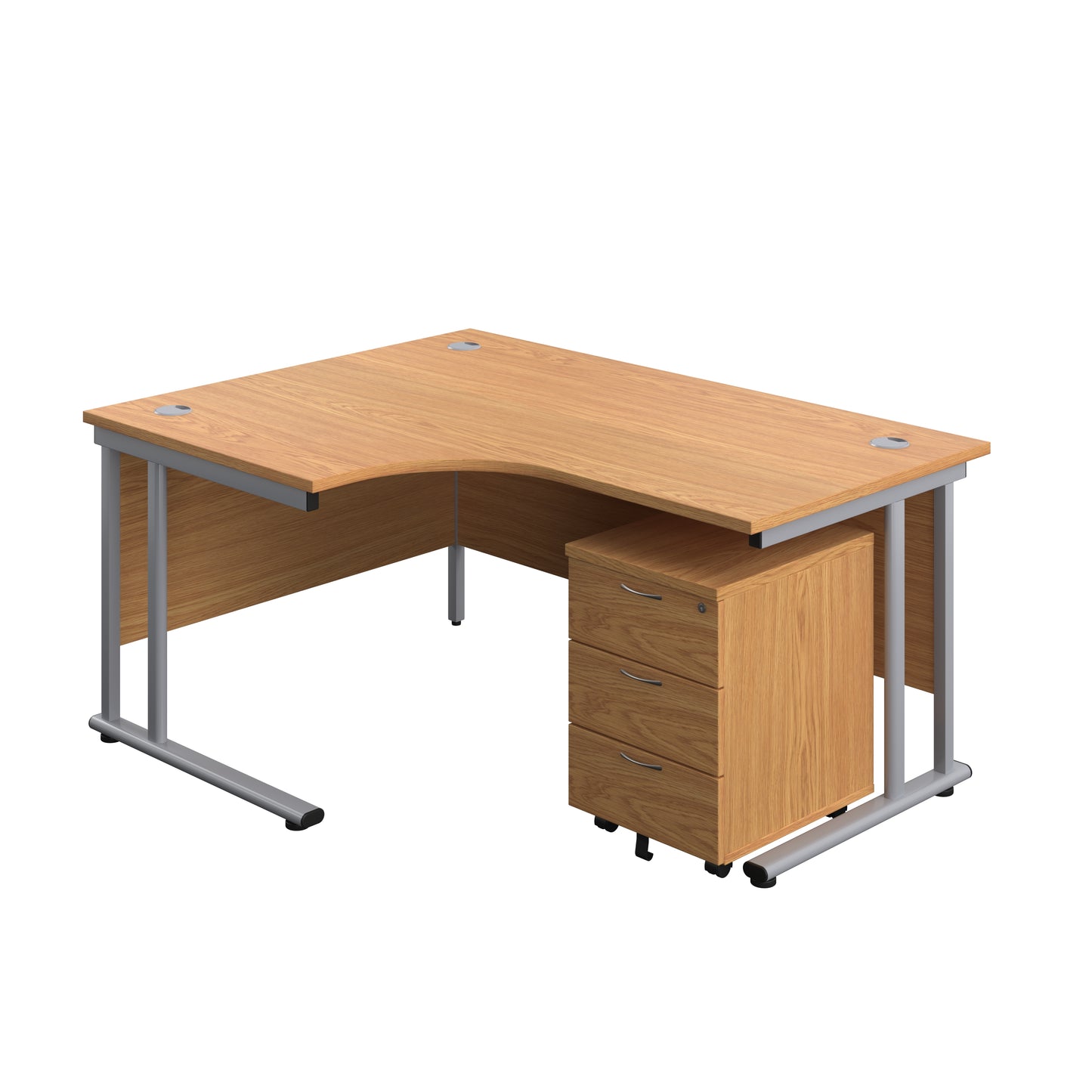 Aztec|Twin Upright|Left Hand Radial Desk and Mobile 3 Drawer Pedestal|1600x1200|Nova Oak-Silver