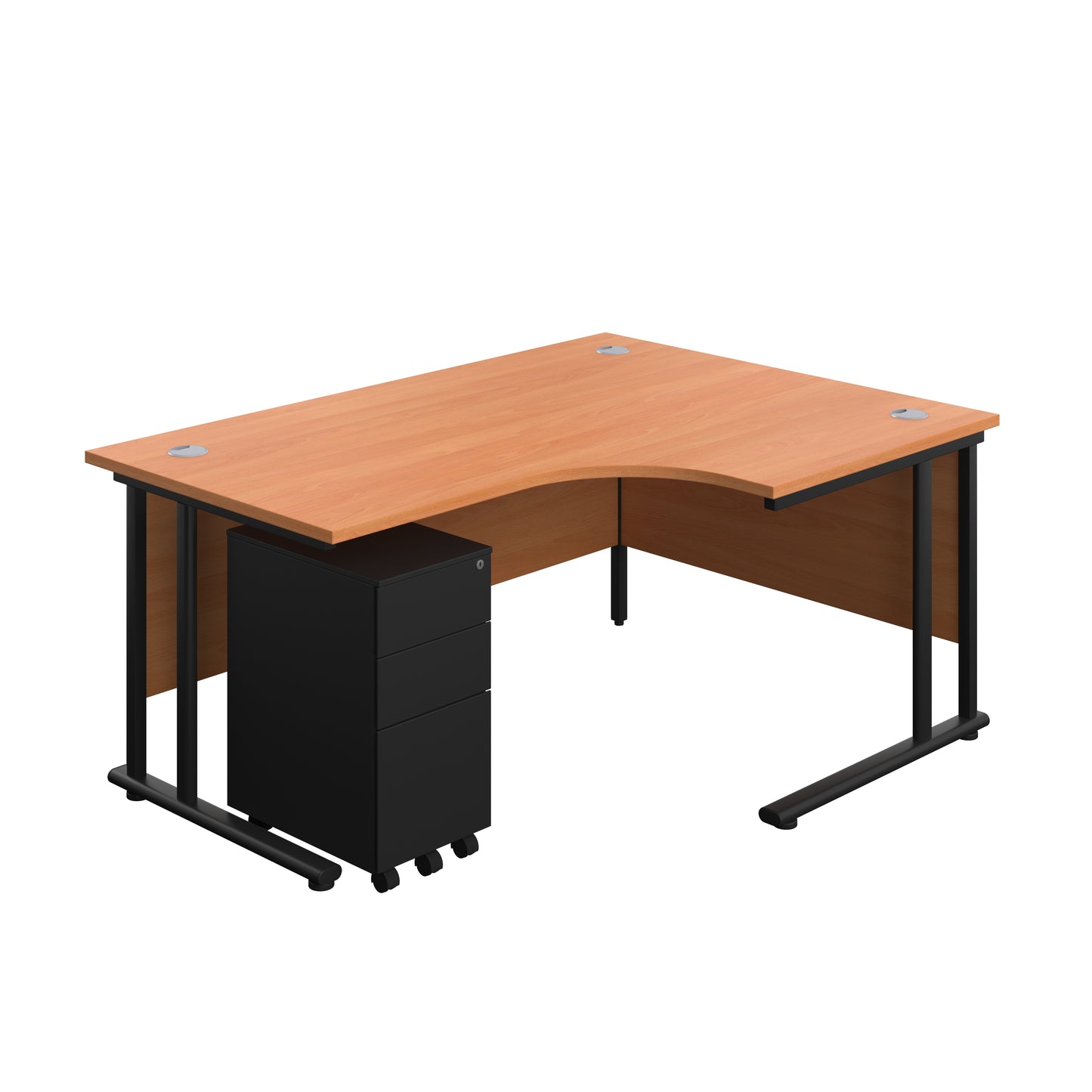 Aztec|Twin Upright|Left Hand Radial Desk and Under Desk Steel Pedestal 3 Drawer|1600x1200|Beech-Black